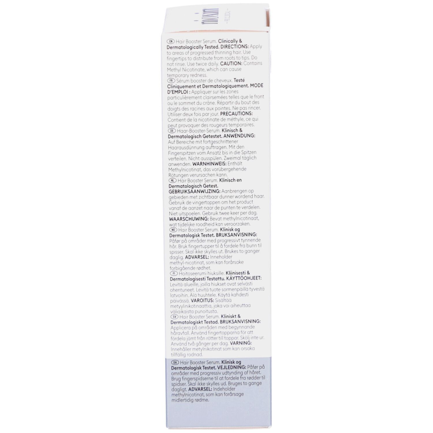 Dos de l'emballage du produit avec texte. Informations sur le produit et avertissements.