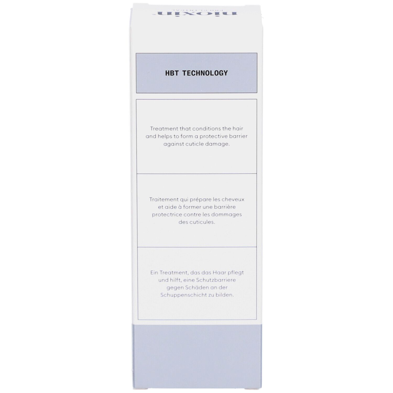 Détail de l'emballage du produit avec texte. Technologie HBT. Texte en trois langues.