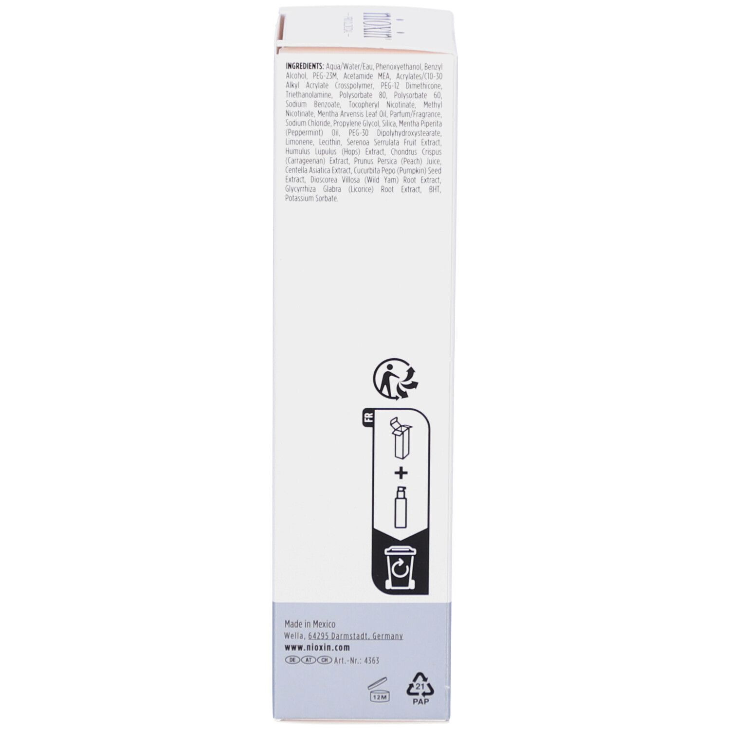Détail de l'emballage du produit avec texte. Ingrédients et instructions. Symbole de recyclage.