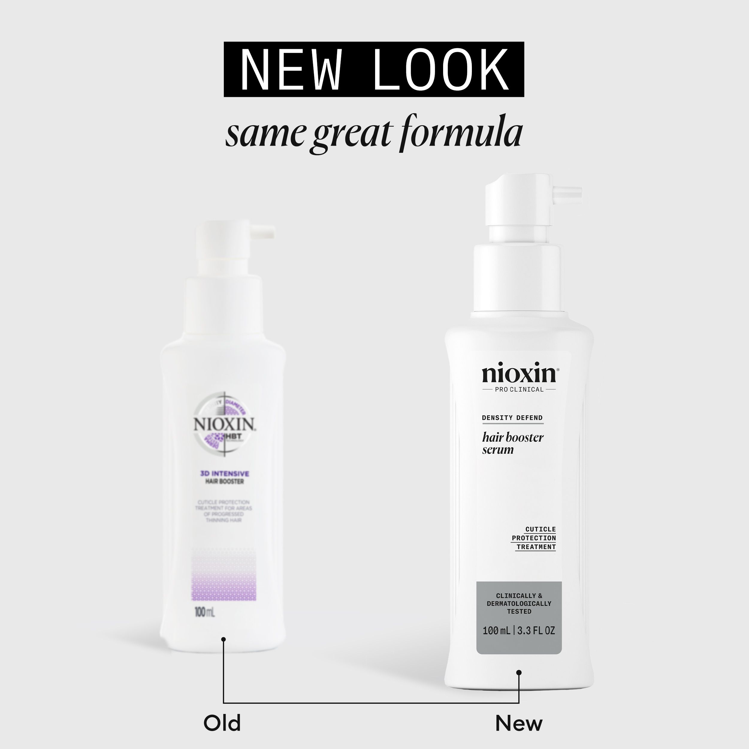 Comparaison de deux flacons. Gauche : ancien design. Droite : nouveau design. Nioxin Hair Booster Serum.