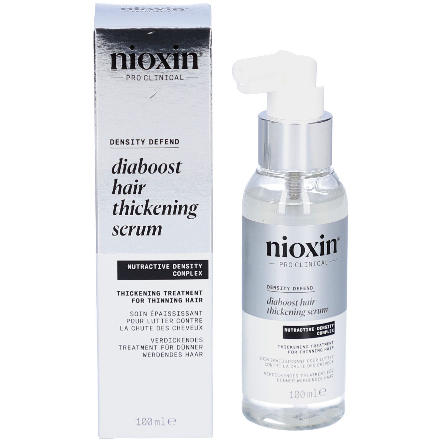 Flacon et emballage du produit. Inscription: Nioxin, Density Defend, Diaboost Hair Thickening Serum.