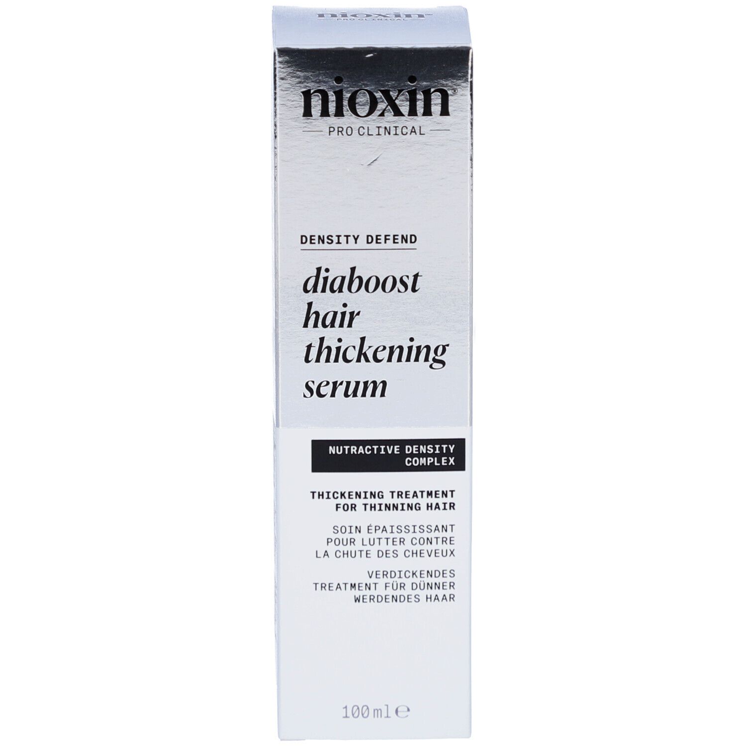 Emballage du produit. Inscription: Nioxin, Density Defend, Diaboost Hair Thickening Serum.
