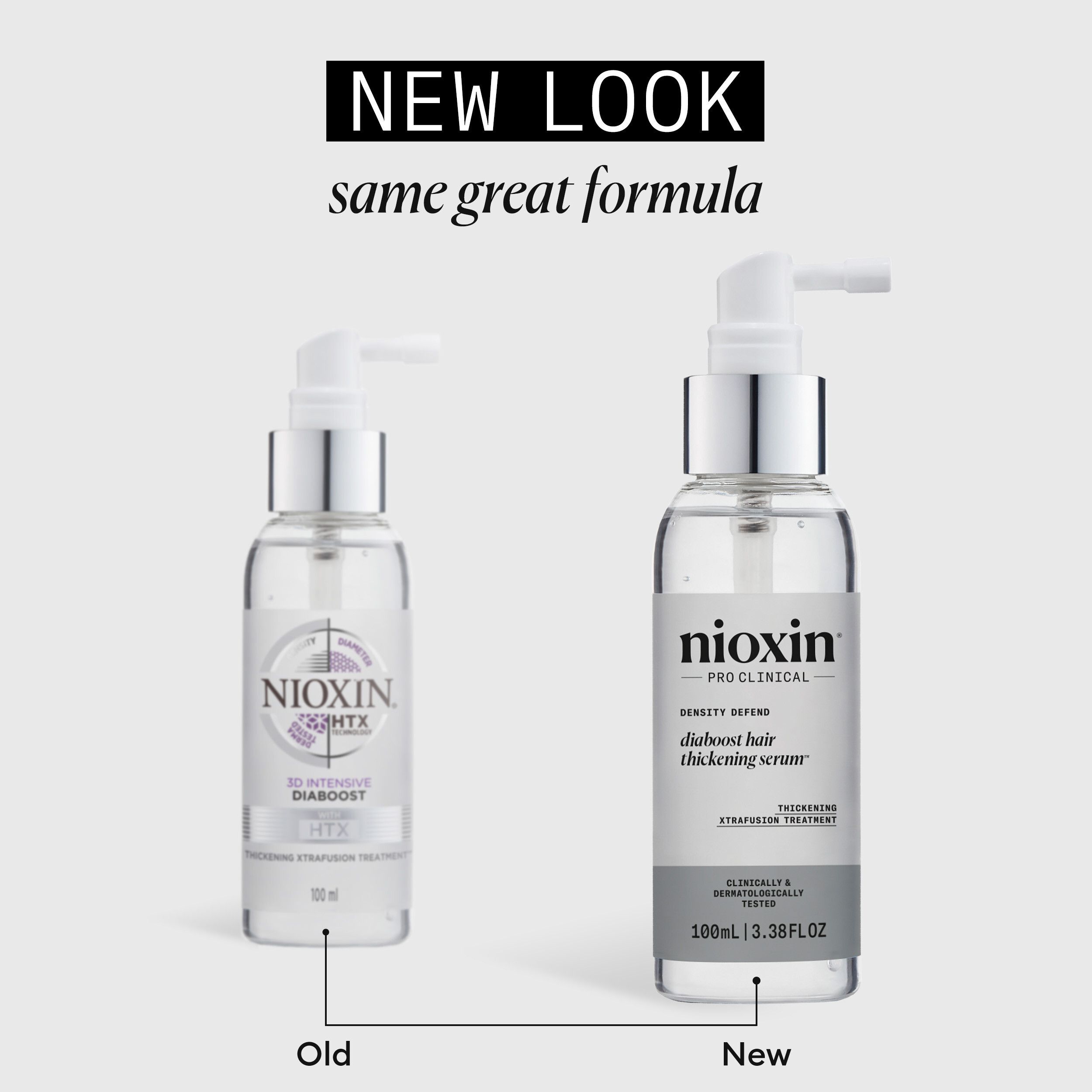 Vergelijking van twee flessen. Opschrift: Nioxin, Density Defend, Diaboost Hair Thickening Serum.