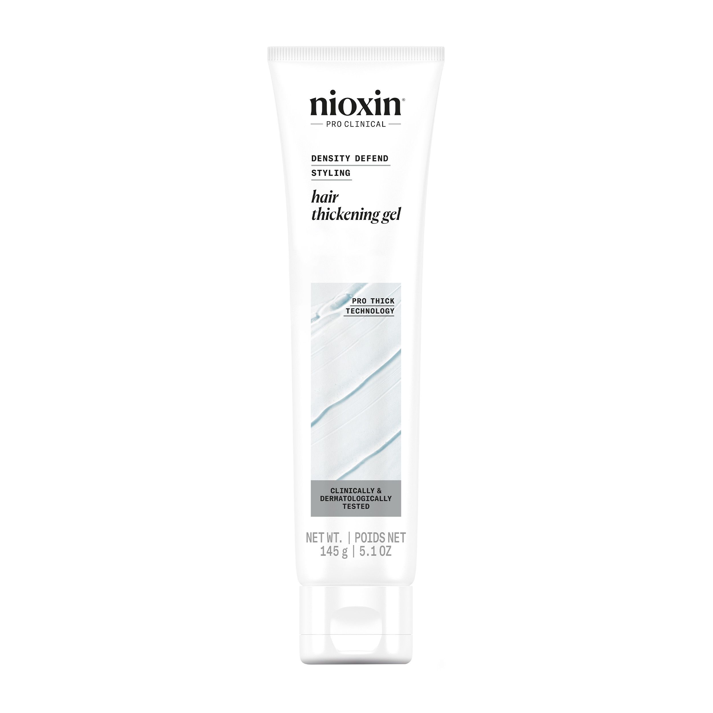 Witte tube met Nioxin-logo en tekst. Bevat 'Hair Thickening Gel' in het Engels. 'Pro Thick Technology' en 'Clinically & Dermatologically Tested'.