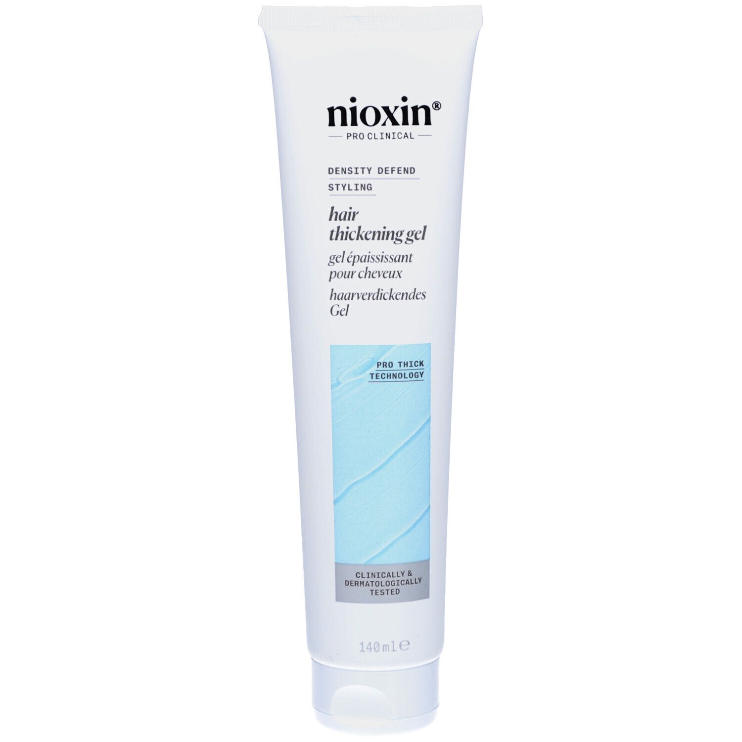 Witte tube met Nioxin-logo en tekst. Bevat 'Hair Thickening Gel' in het Engels en Frans. Blauwe designelementen.