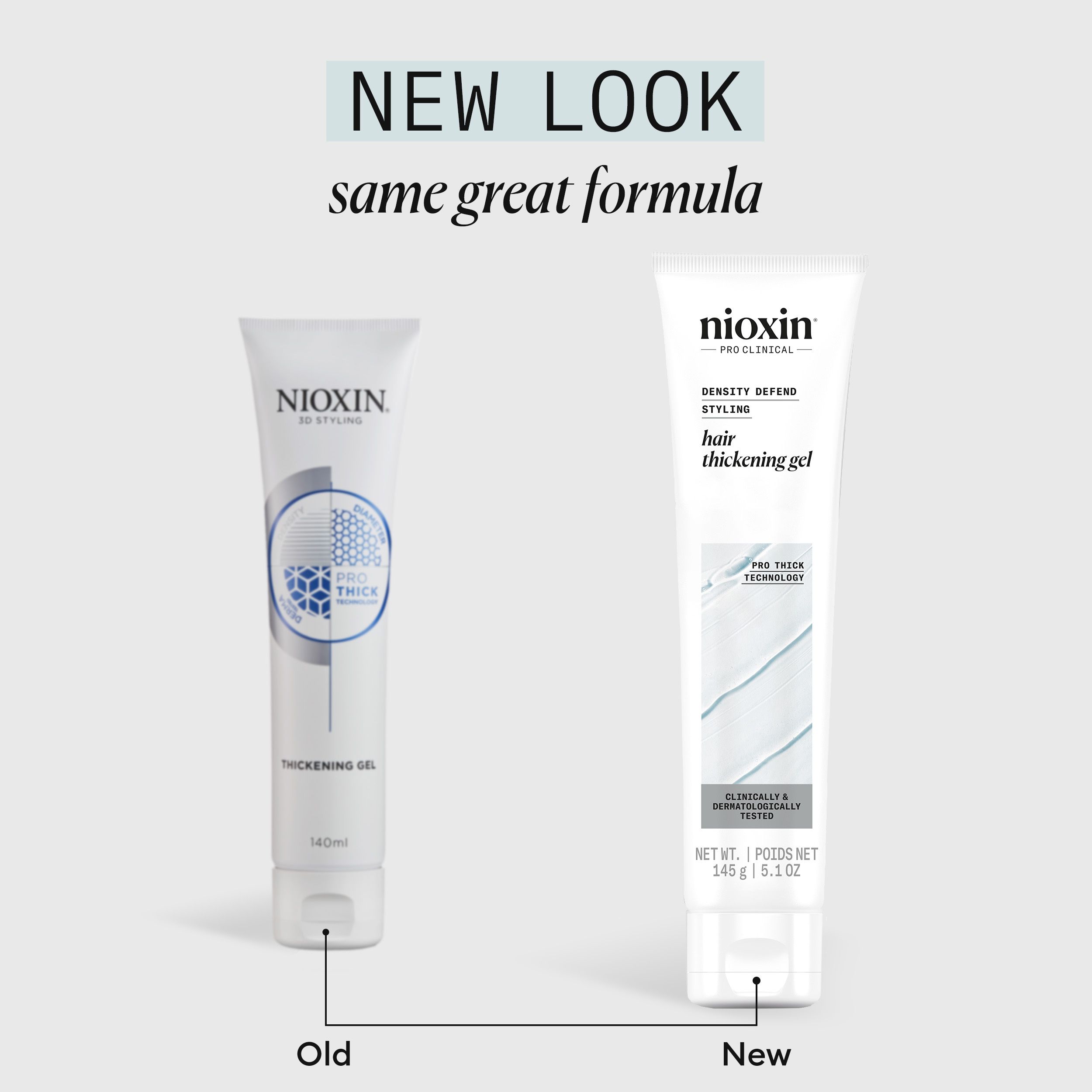Vergelijking van twee Nioxin-tubes. Links: oud ontwerp. Rechts: nieuw ontwerp. Beide bevatten 'Hair Thickening Gel'.