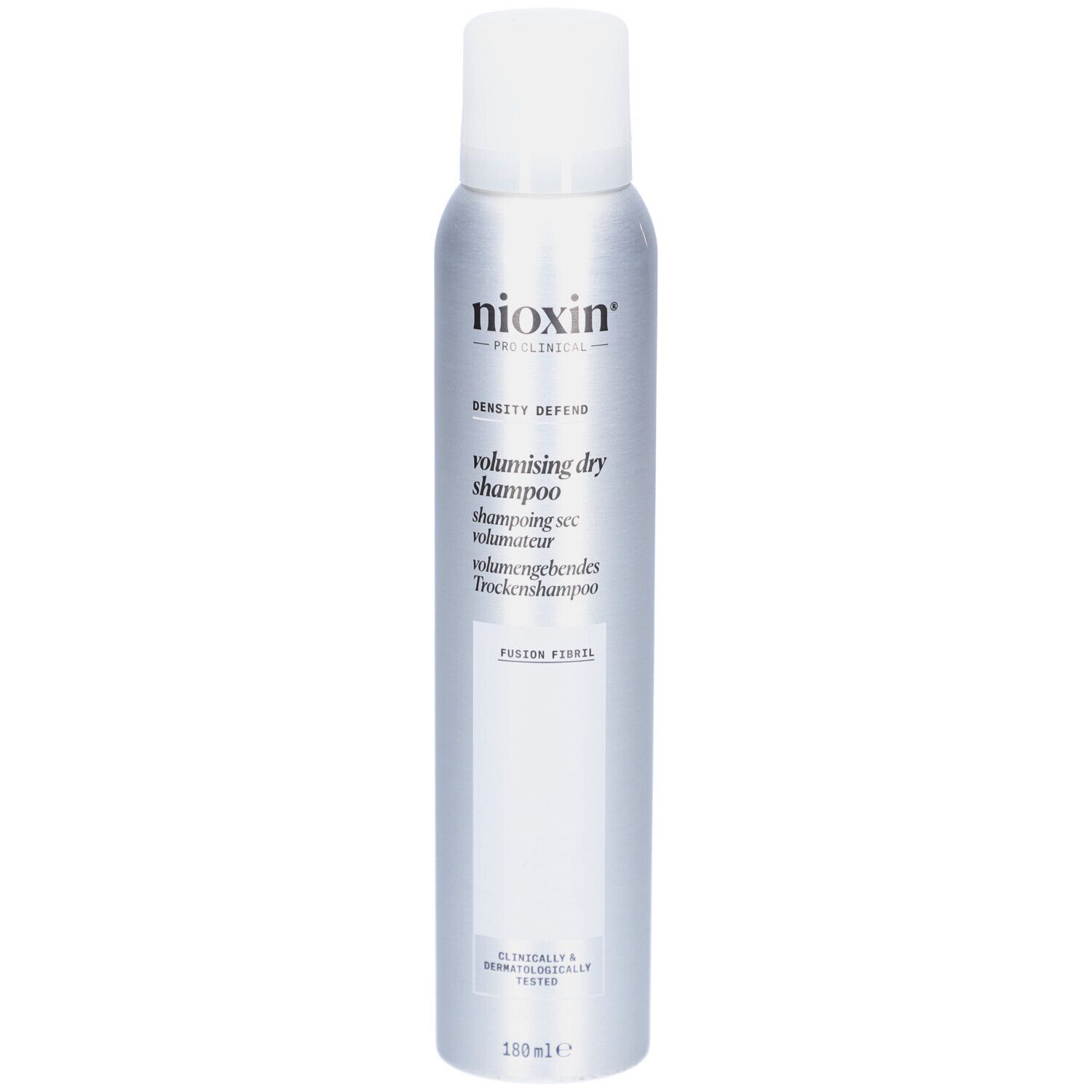 Flacon spray argenté à bouchon blanc. Inscriptions: Nioxin, volumising dry shampoo. Testé cliniquement et dermatologiquement.
