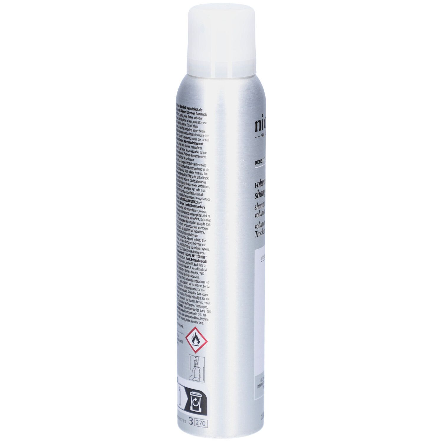Flacon spray argenté avec bouchon blanc. Dos avec texte et symboles. Avertissement: facilement inflammable.