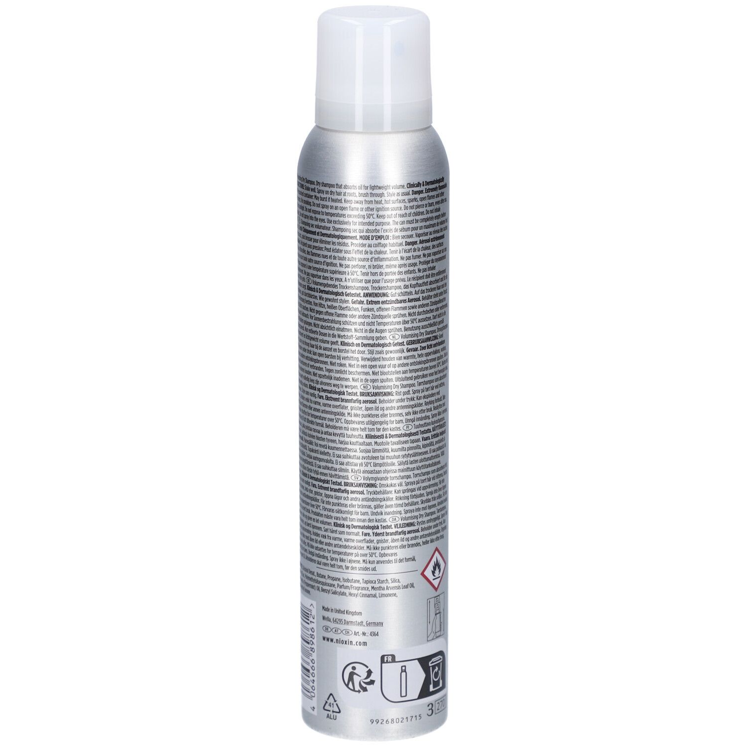 Dos d'un flacon spray argenté à bouchon blanc. Texte et symboles. Avertissement: facilement inflammable.