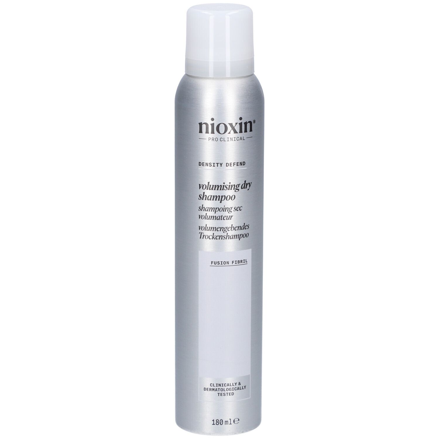 Flacon spray argenté à bouchon blanc. Inscriptions: Nioxin, volumising dry shampoo. Testé cliniquement et dermatologiquement.