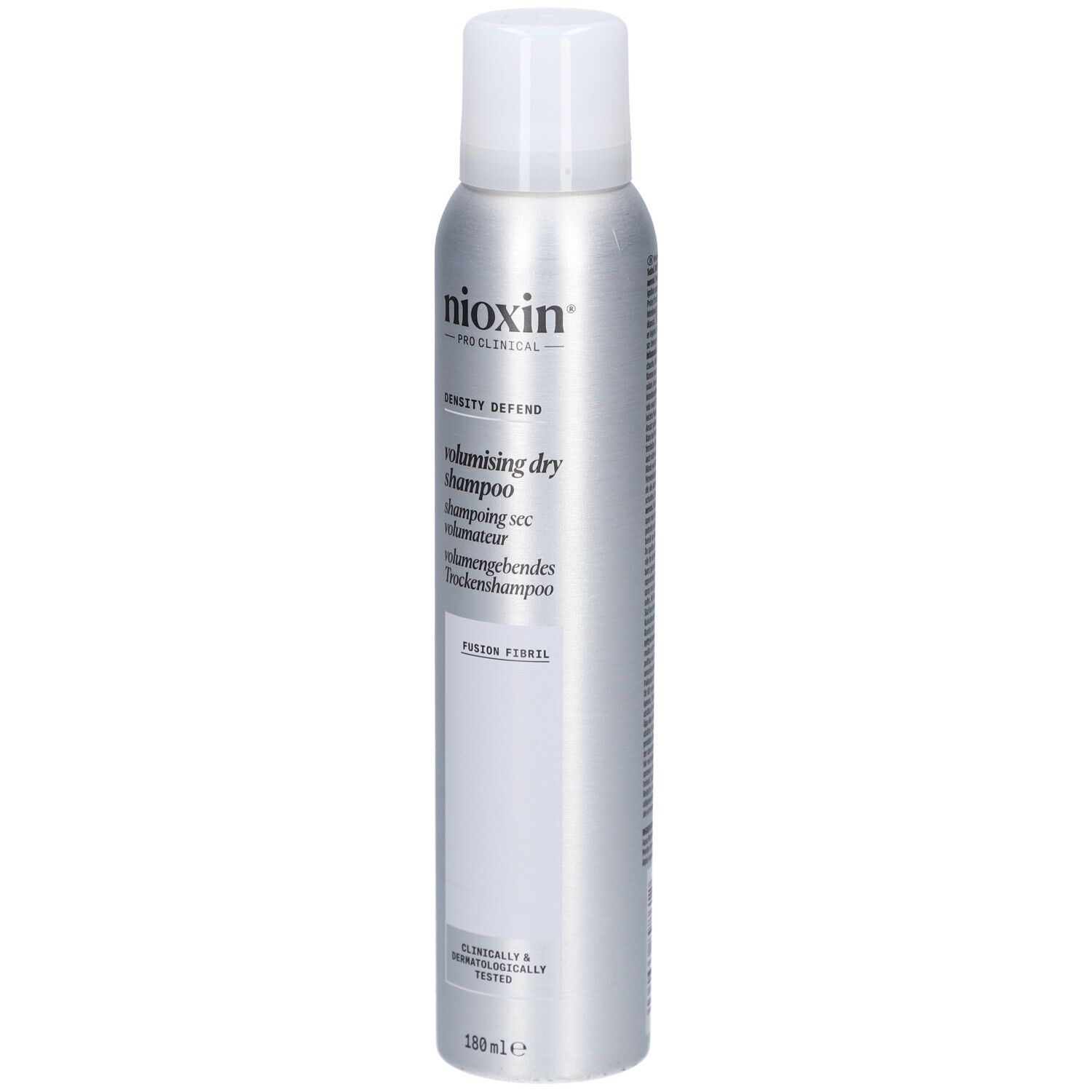 Flacon spray argenté à bouchon blanc. Inscriptions: Nioxin, volumising dry shampoo. Testé cliniquement et dermatologiquement.