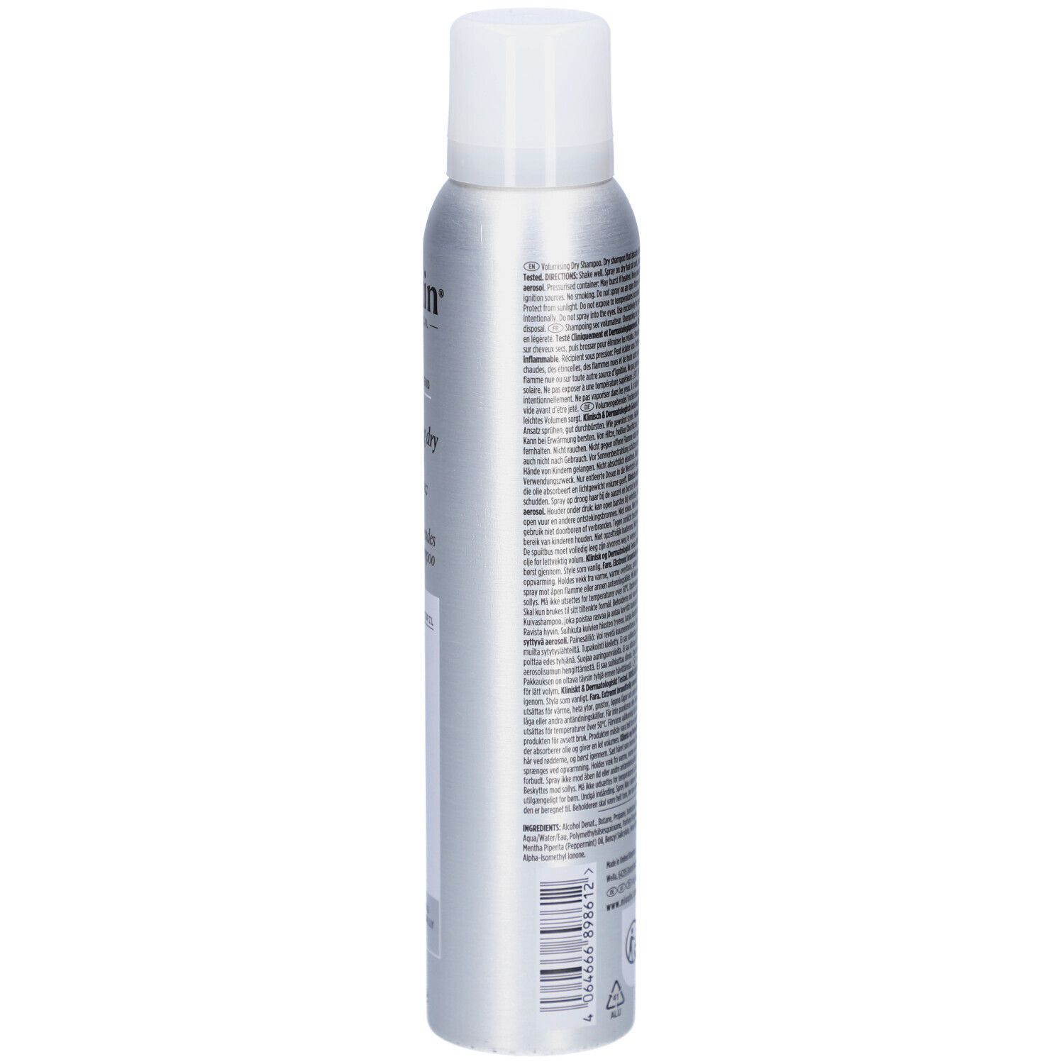 Dos d'un flacon spray argenté à bouchon blanc. Texte et symboles. Avertissement: facilement inflammable.