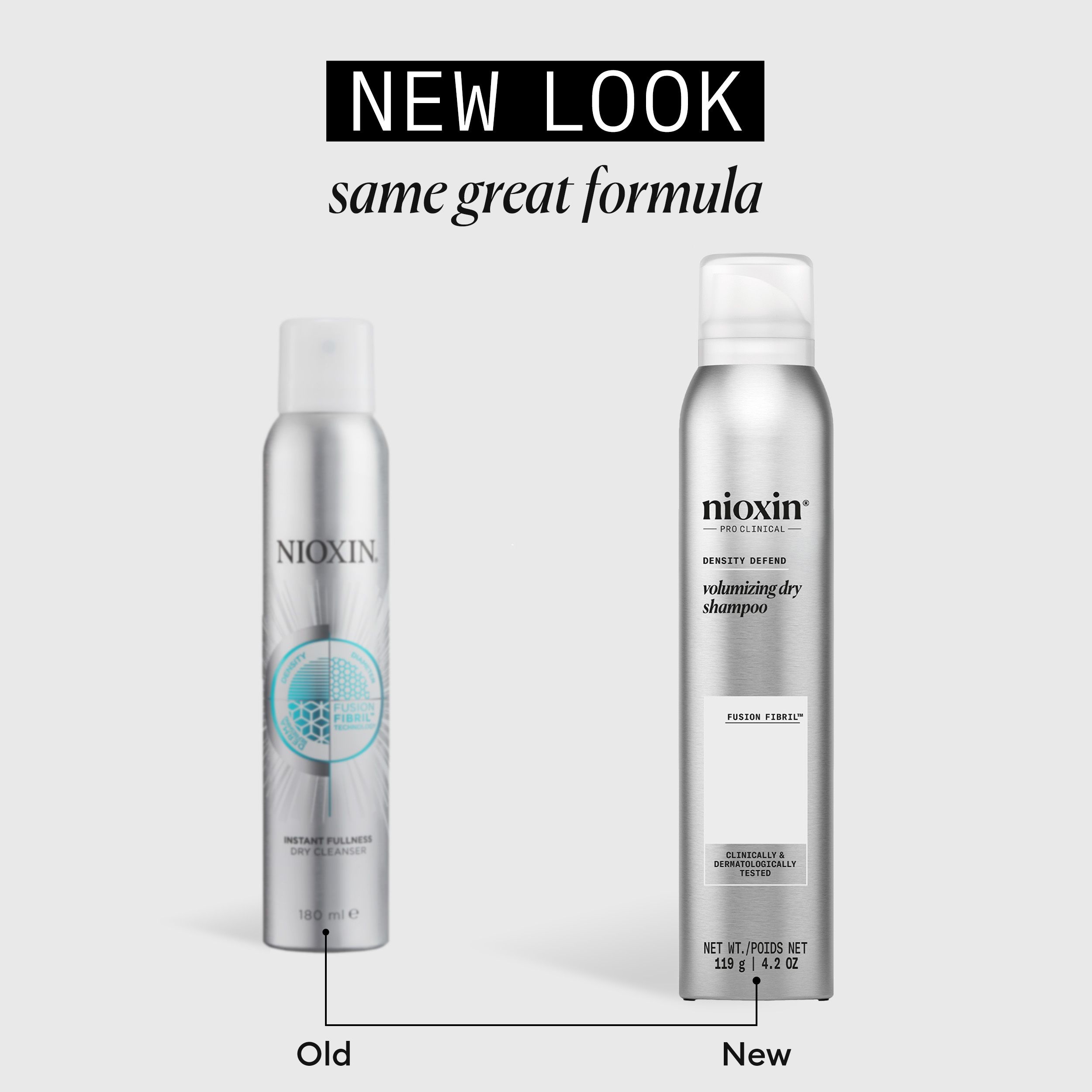 Comparaison de deux flacons de shampooing sec Nioxin. À gauche : ancien design. À droite : nouveau design. Texte : New Look, same great formula.