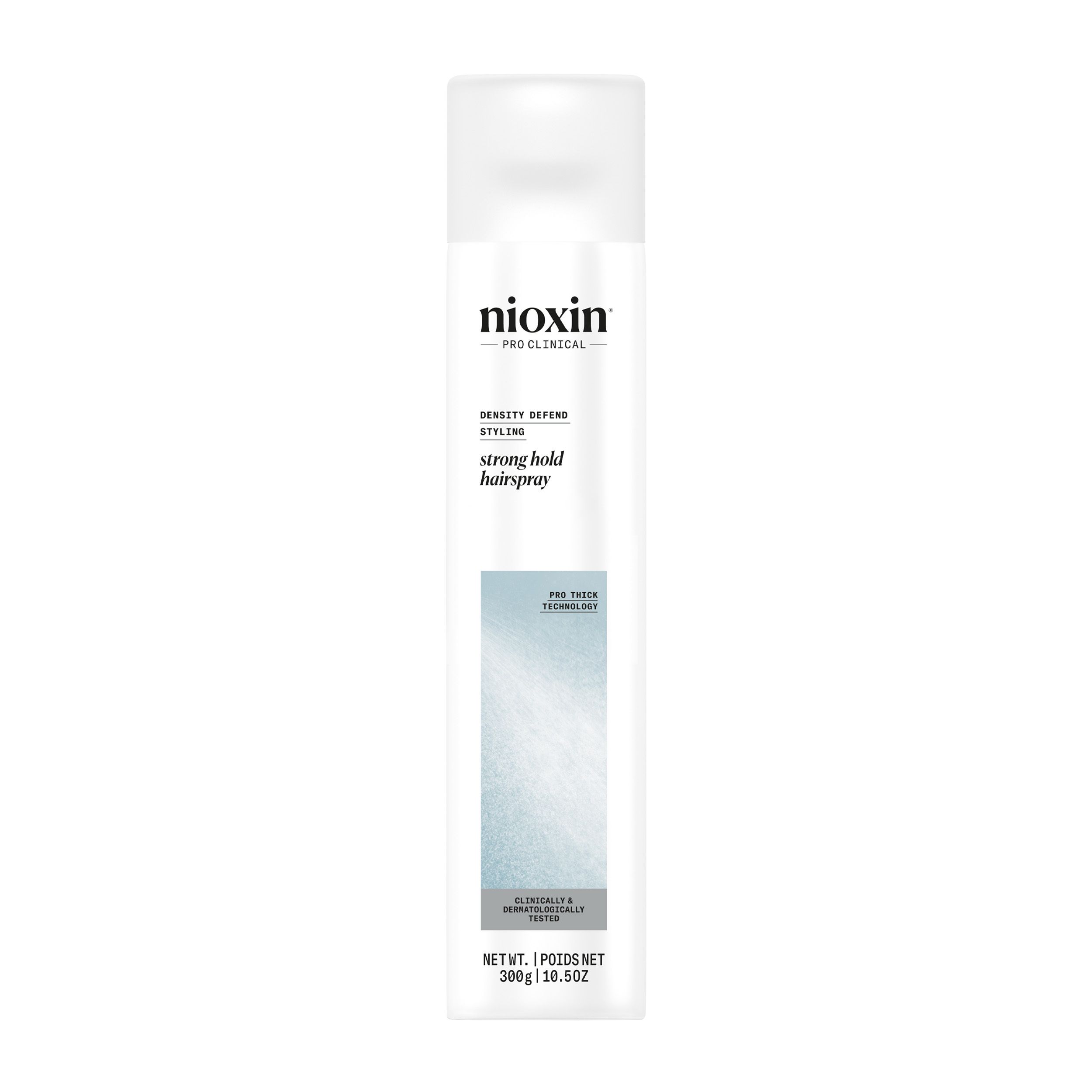 Nioxin Strong Hold haarspray. Witte fles met blauwe accenten. Productnaam en logo duidelijk zichtbaar.