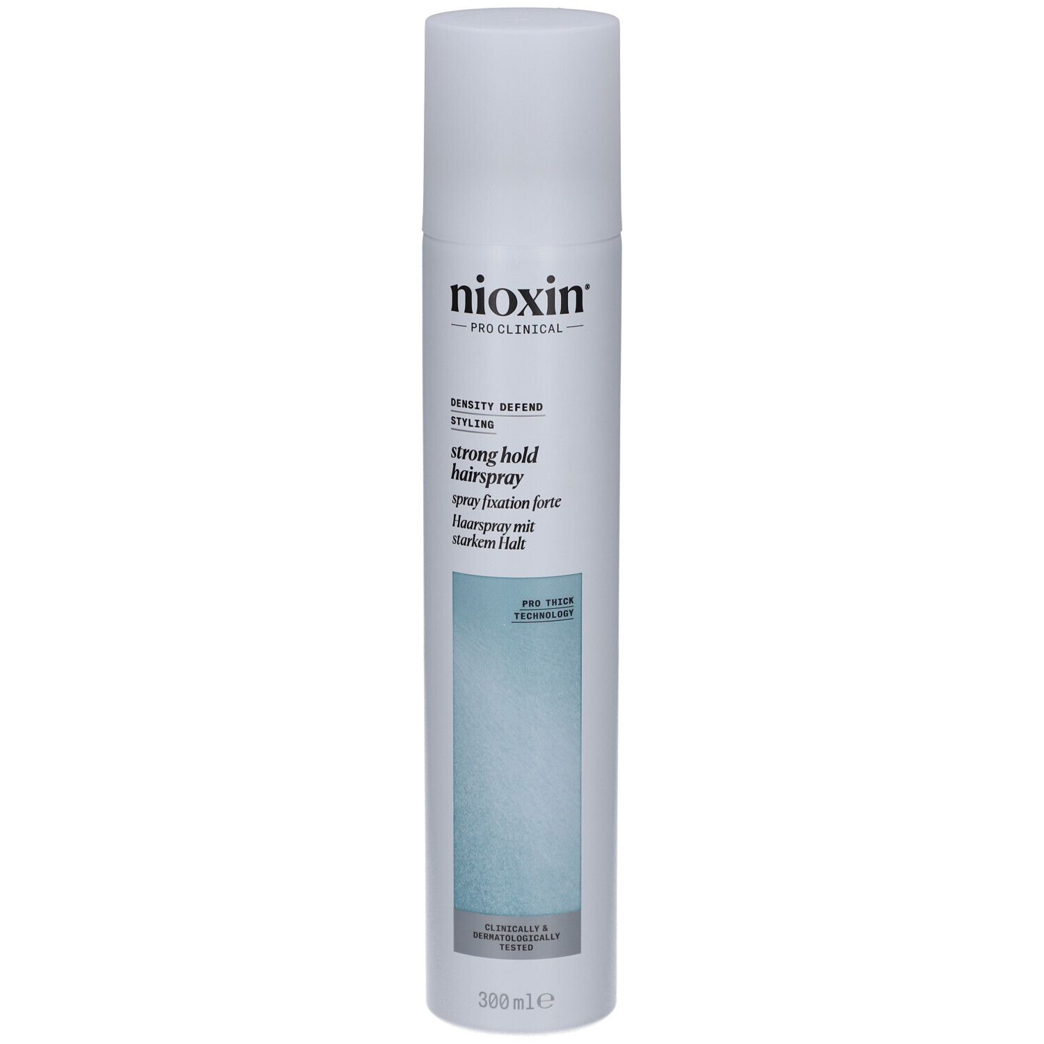 Spray capillaire Strong Hold Nioxin. Flacon blanc avec détail bleu. Nom du produit et logo visibles.