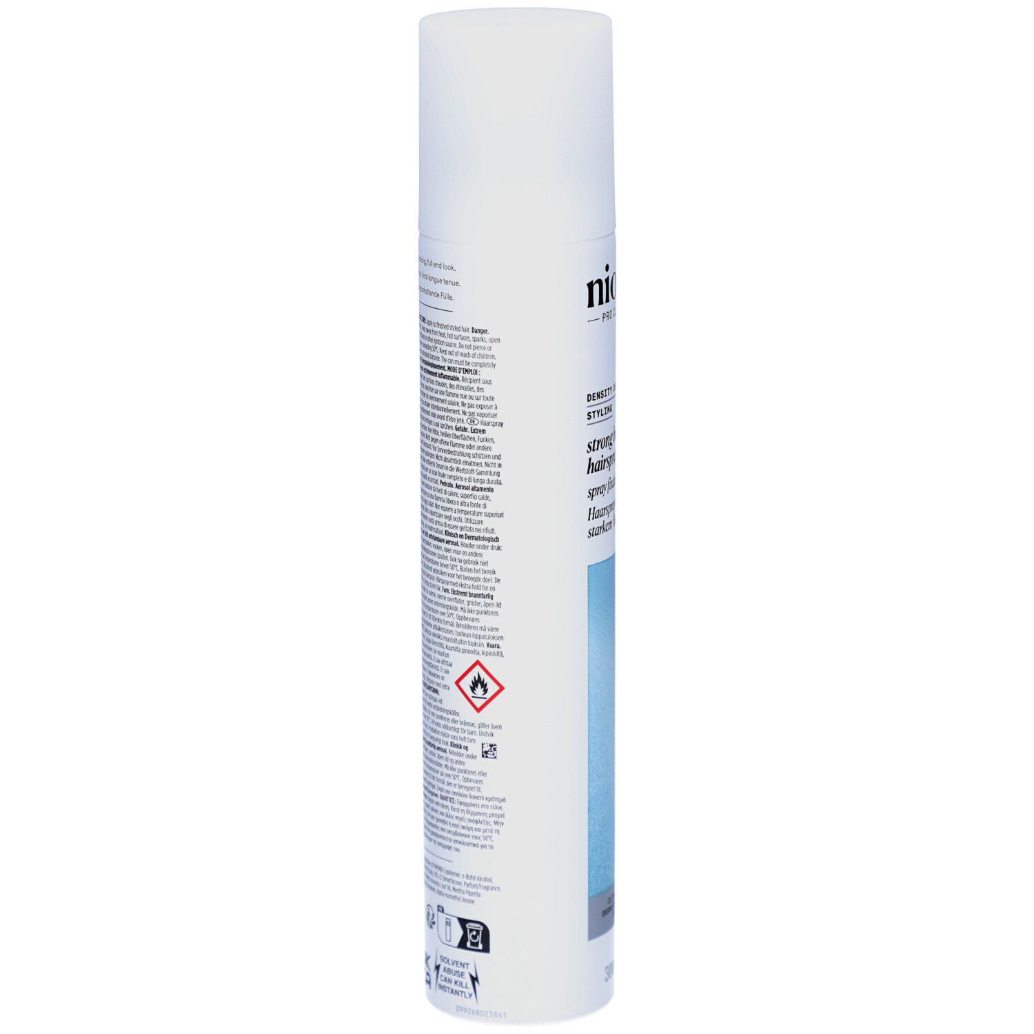 Dos du flacon de spray capillaire Nioxin. Texte et symboles sur fond blanc.