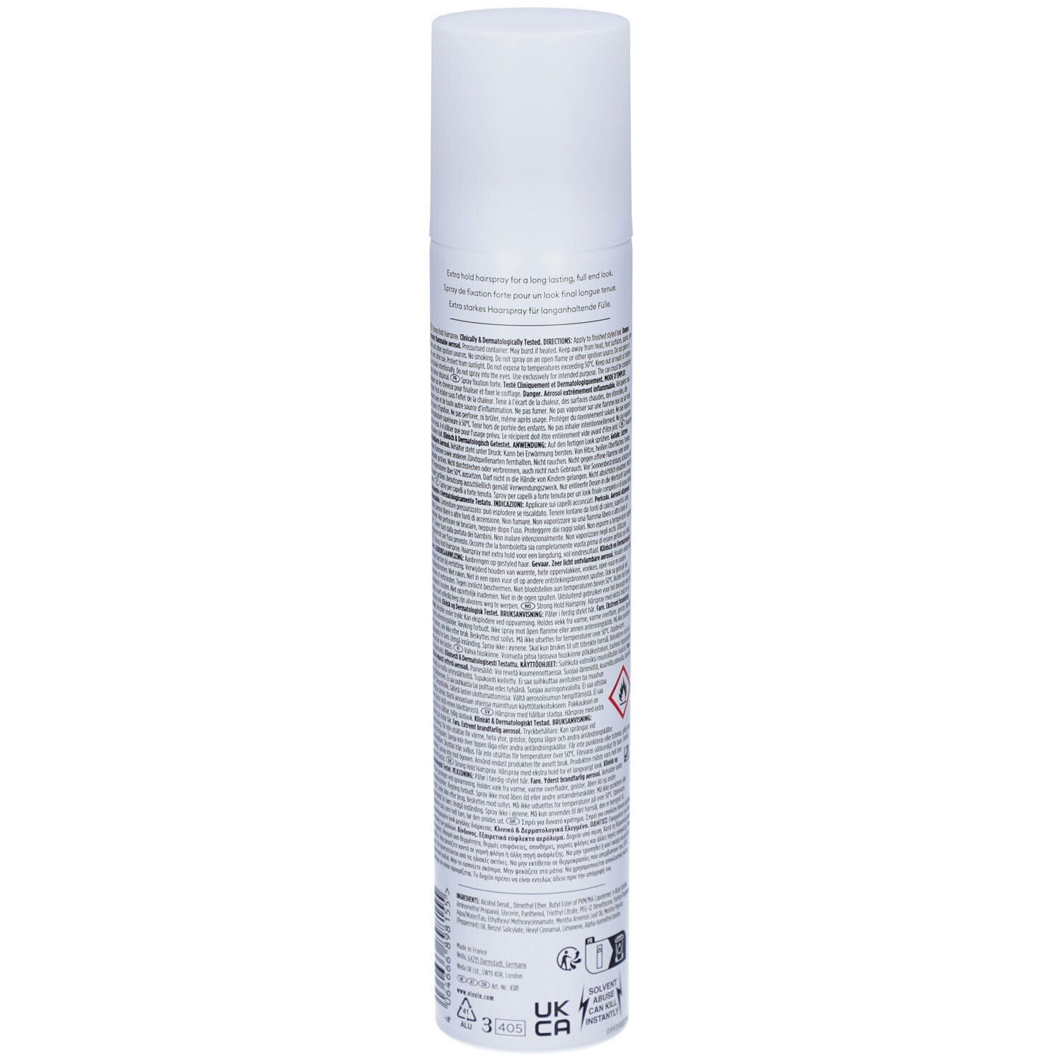 Dos du flacon de spray capillaire Nioxin. Texte et symboles sur fond blanc.
