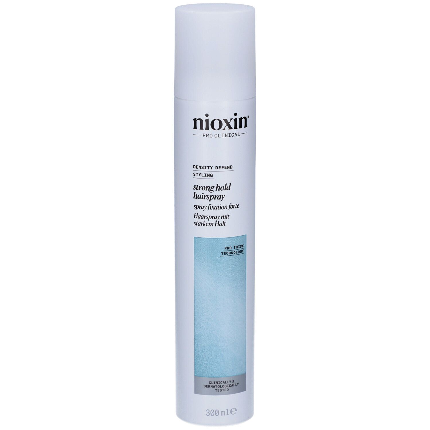 Spray capillaire Strong Hold Nioxin. Flacon blanc avec détail bleu. Nom du produit et logo visibles.