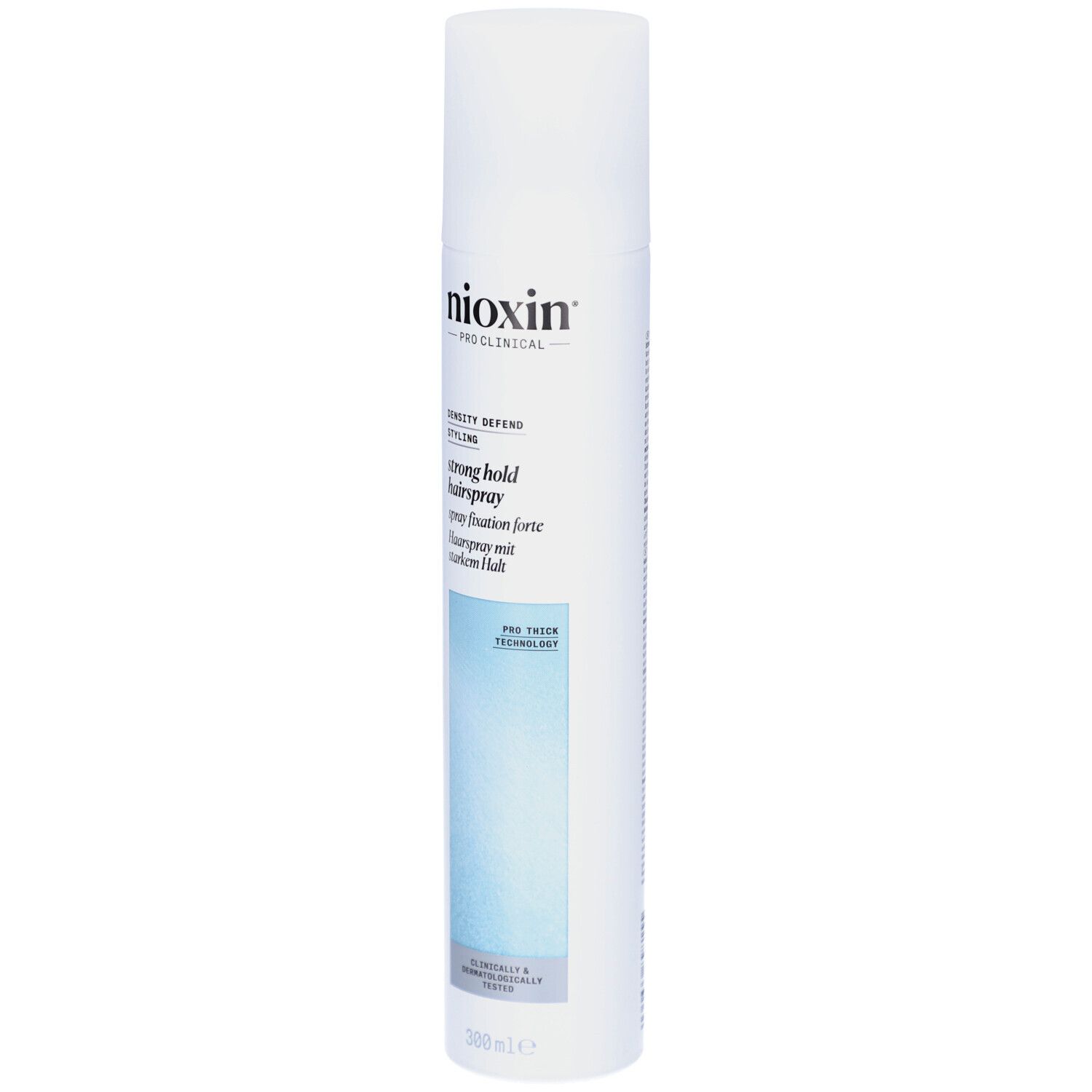 Spray capillaire Strong Hold Nioxin. Flacon blanc avec détail bleu. Nom du produit et logo visibles.