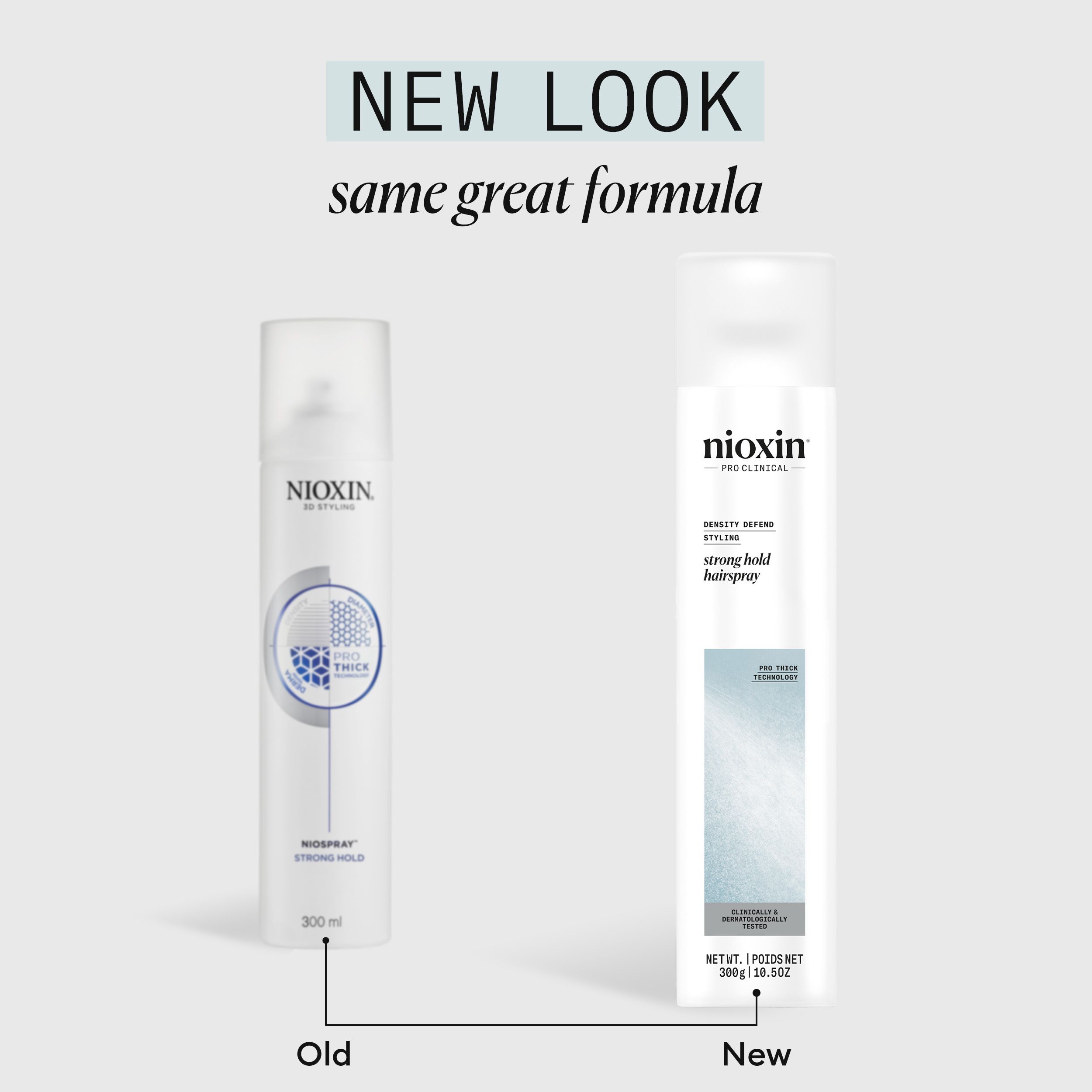 Vergelijking: oude en nieuwe Nioxin Strong Hold haarspray flessen. Productnamen en logo's zichtbaar.