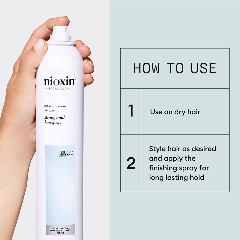 Laque Nioxin Strong Hold dans une boîte blanche avec tête de pulvérisation noire. Instructions d'utilisation.
