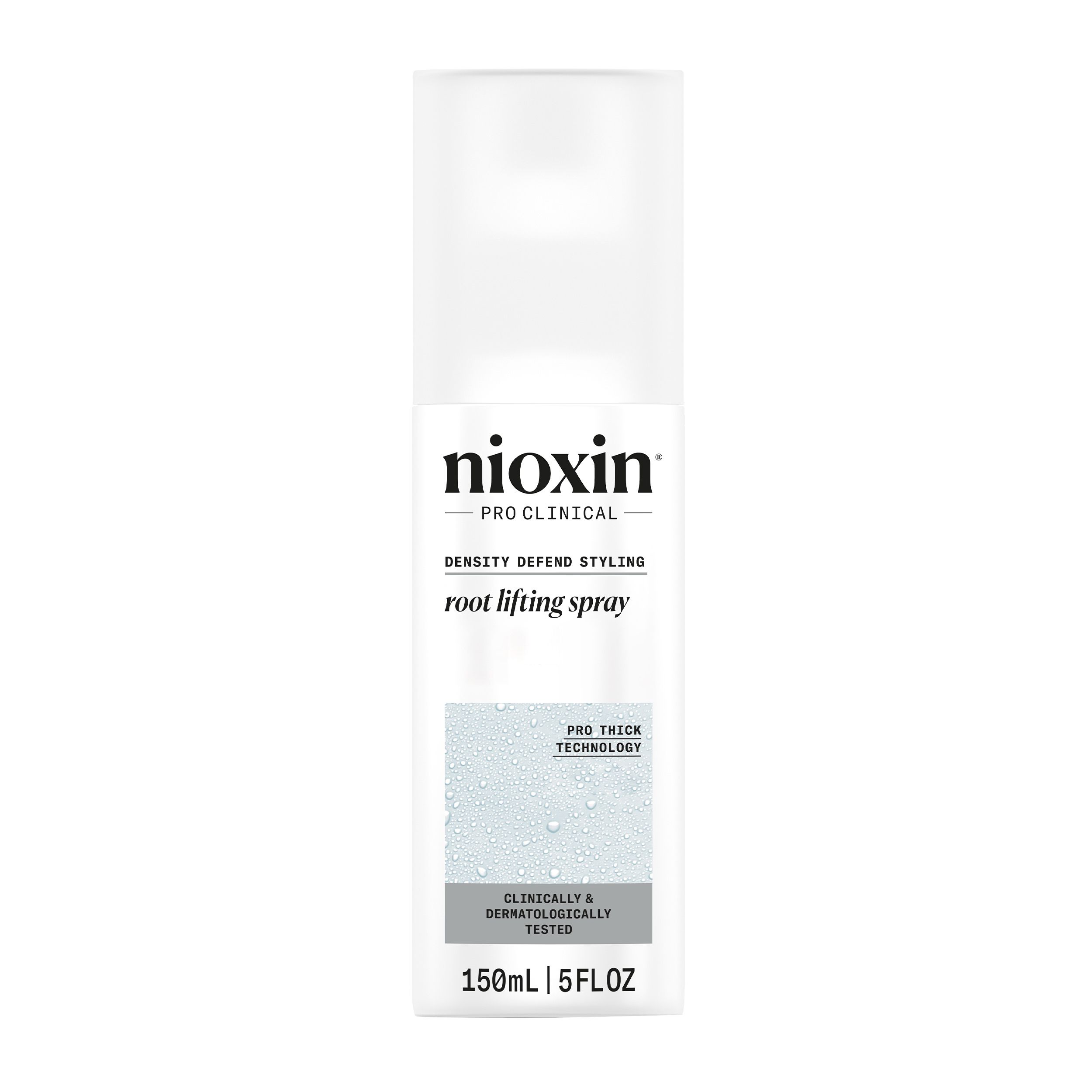 Nioxin Pro Clinical Root Lifting Spray. Witte fles met spuitkop. Productnaam en logo's op de voorkant.