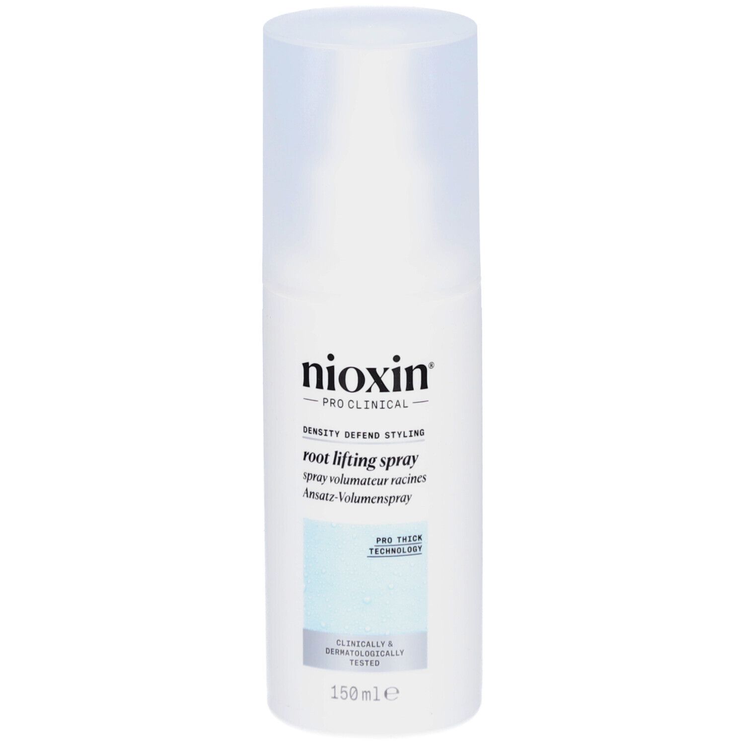 Nioxin Pro Clinical Root Lifting Spray. Witte fles met spuitkop. Productnaam en logo's op de voorkant.