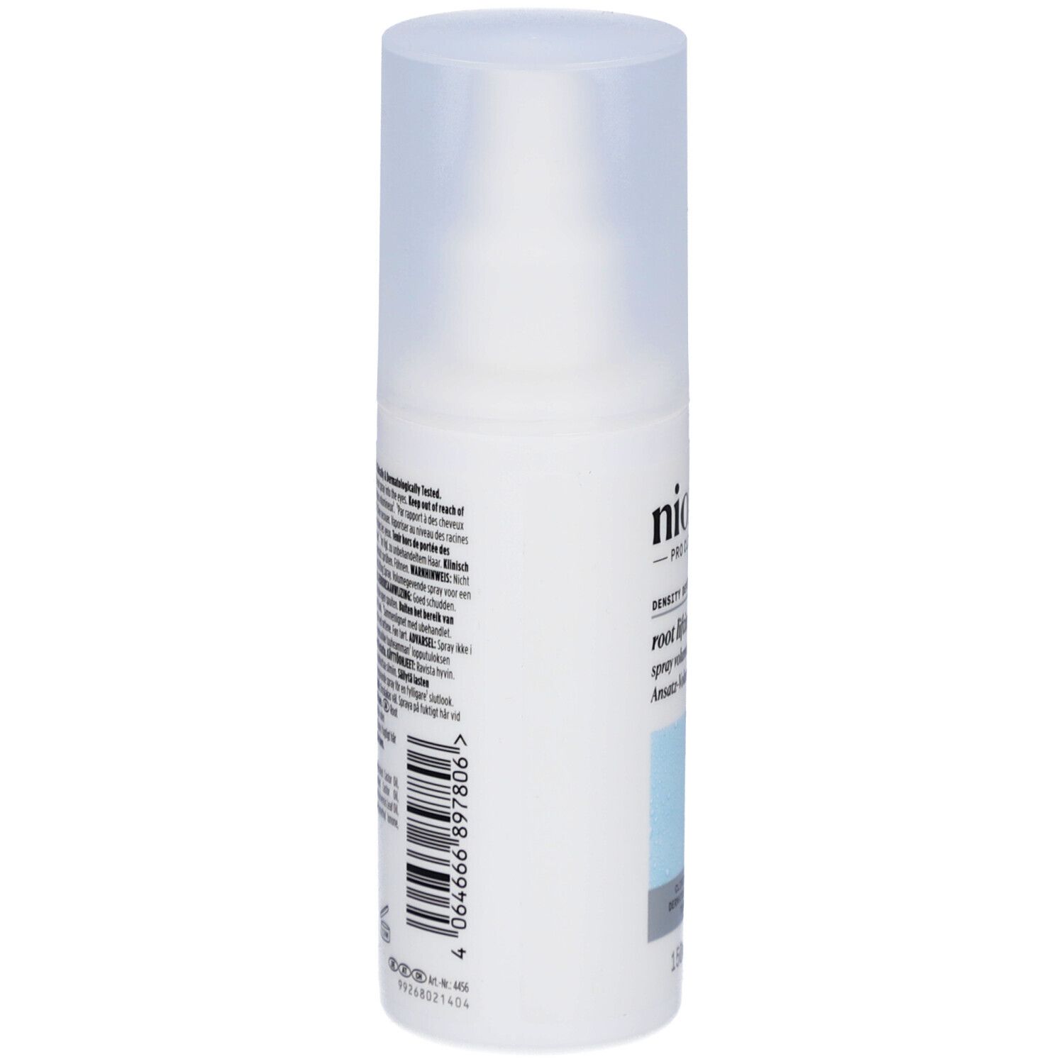 Achterkant van de Nioxin Root Lifting Spray fles. Tekst in meerdere talen. Barcode en fabrikant informatie.