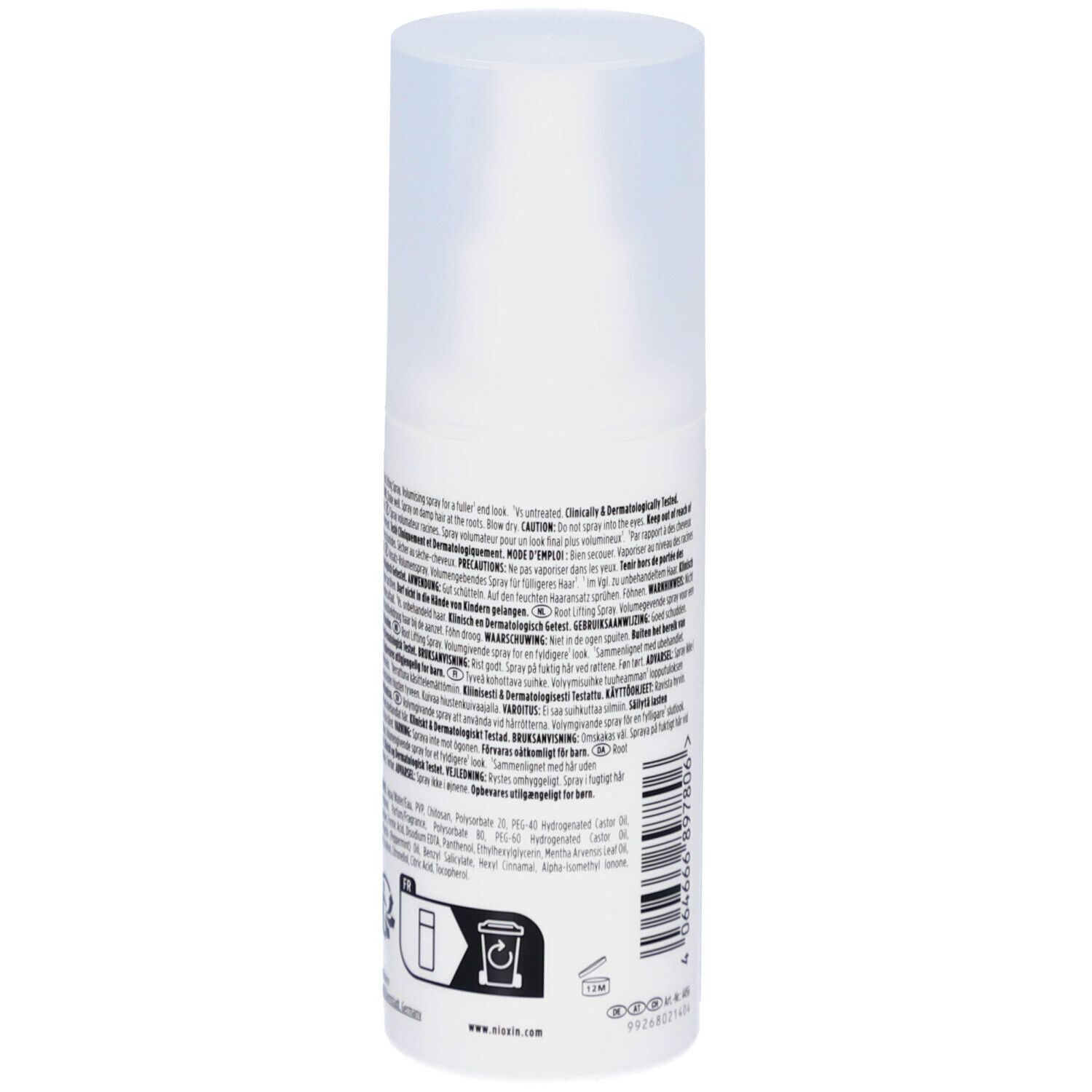 Achterkant van de Nioxin Root Lifting Spray fles. Tekst in meerdere talen. Pictogrammen en barcode.