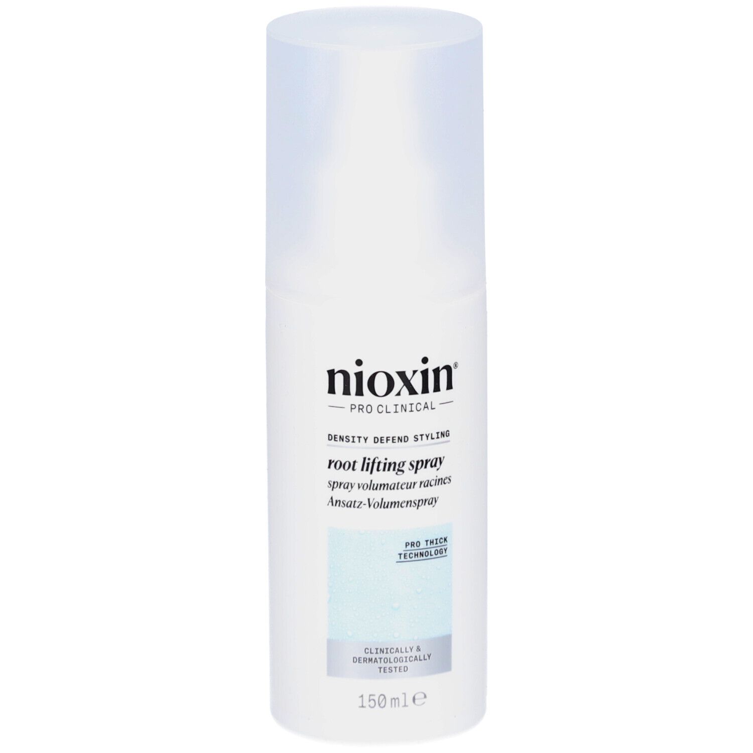 Nioxin Pro Clinical Root Lifting Spray. Witte fles met spuitkop. Productnaam en logo's op de voorkant.