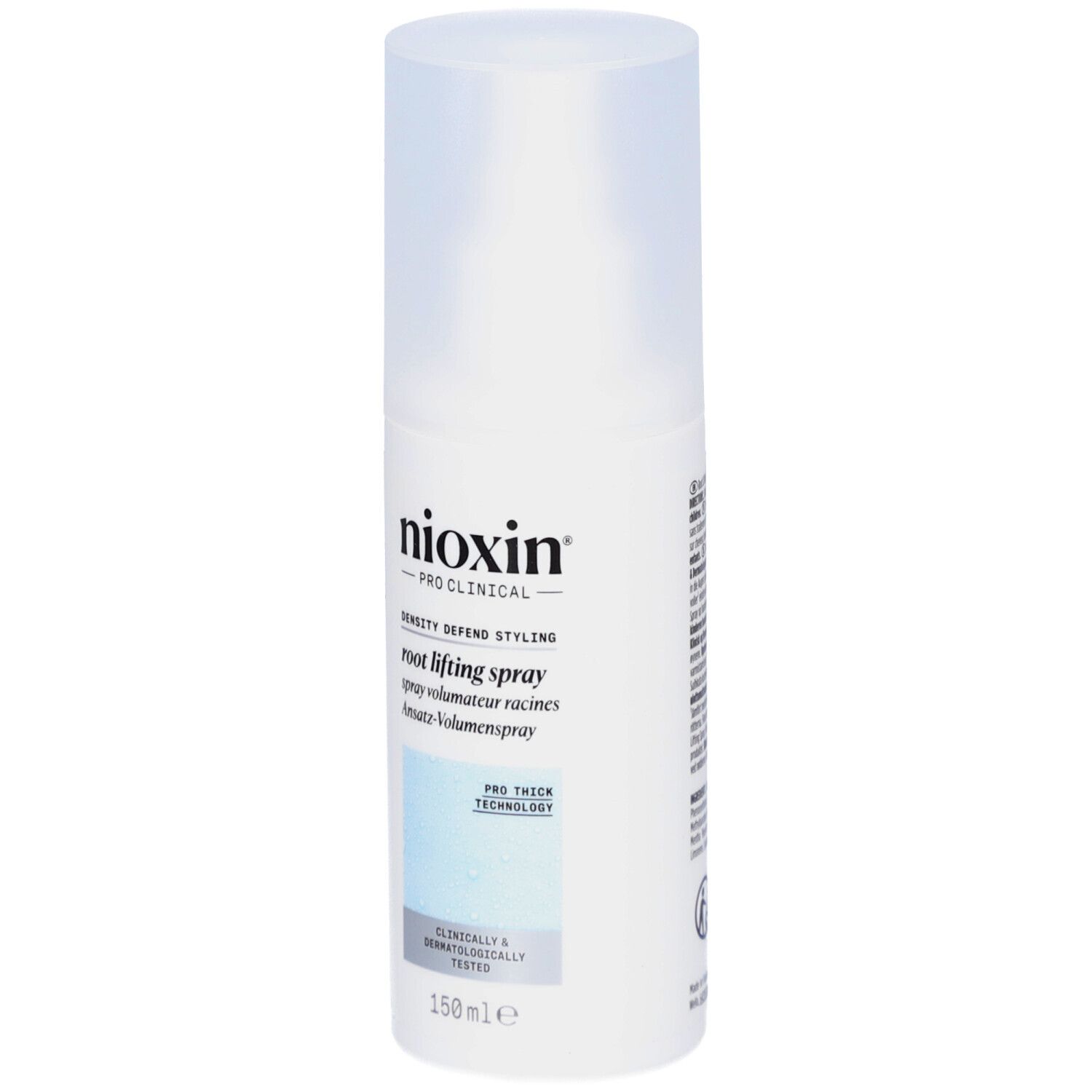 Nioxin Pro Clinical Root Lifting Spray. Witte fles met spuitkop. Productnaam en logo's op de voorkant.