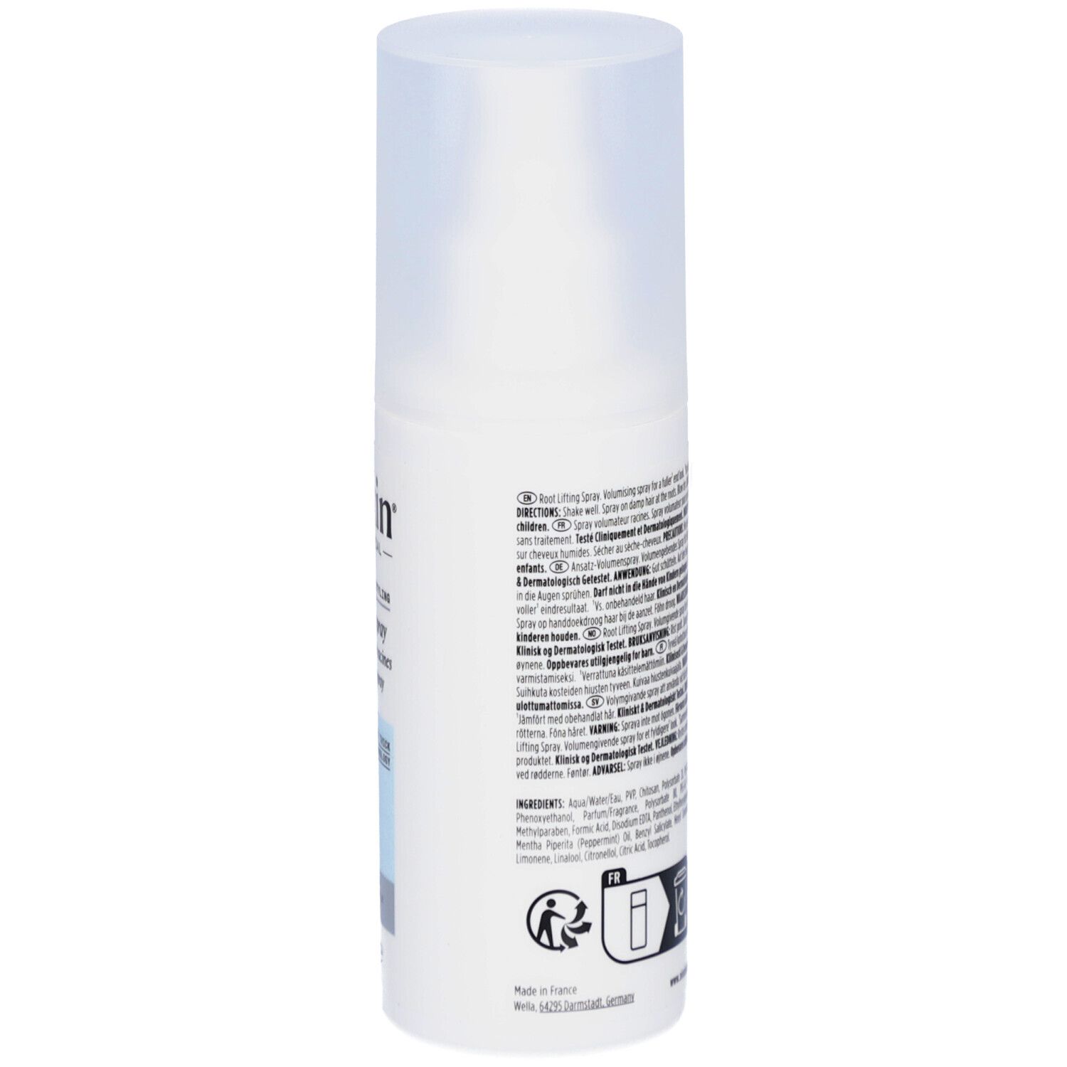 Achterkant van de Nioxin Root Lifting Spray fles. Tekst in meerdere talen. Pictogrammen en barcode.