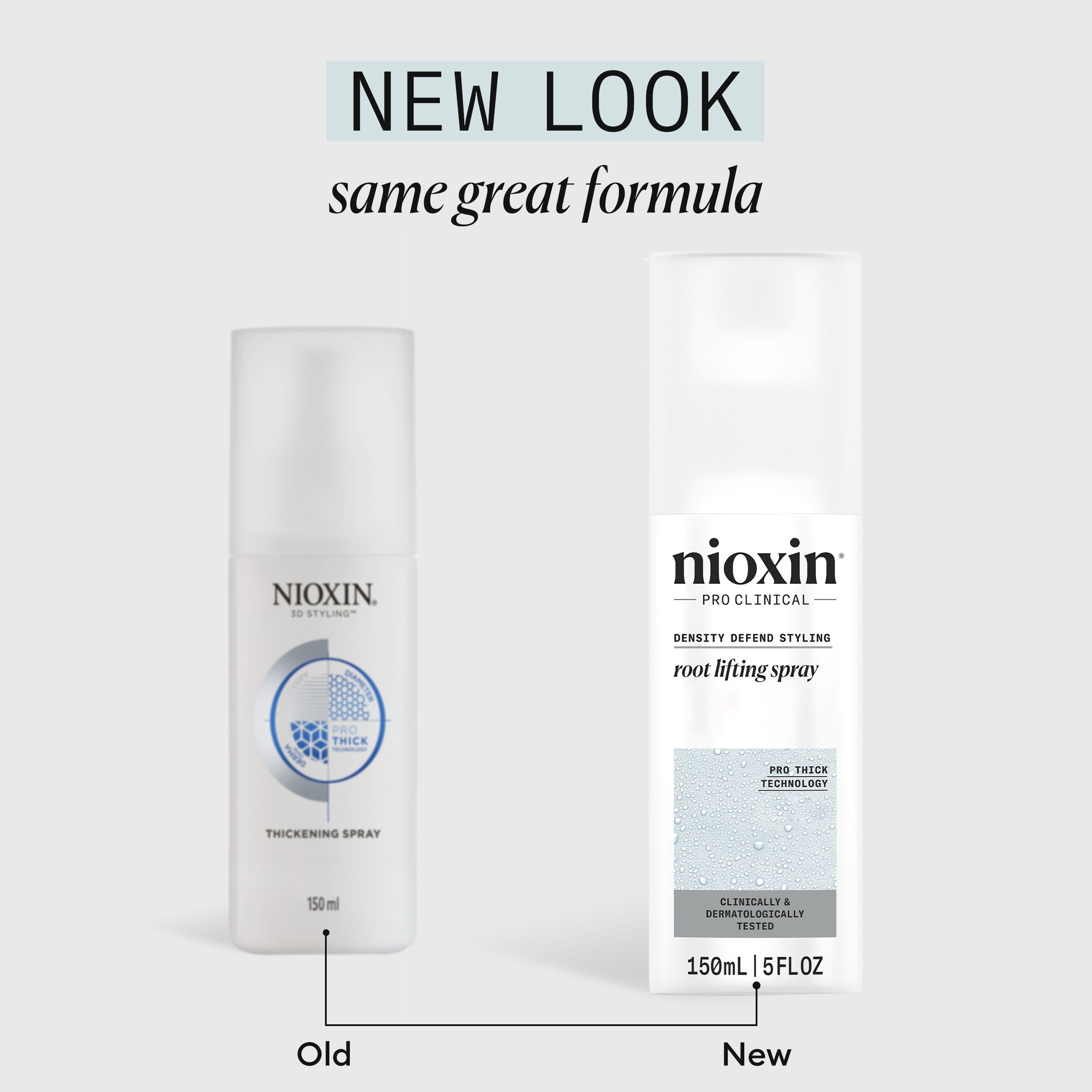 Vergelijking van twee Nioxin sprays. Links: oud ontwerp. Rechts: nieuw ontwerp. Tekst: New Look, same great formula.