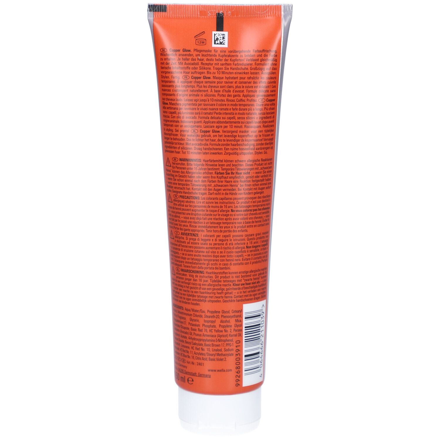 Dos du tube Wella Professionals Color Fresh Mask Copper Glow. Texte en plusieurs langues. Teinte : Cuivre.