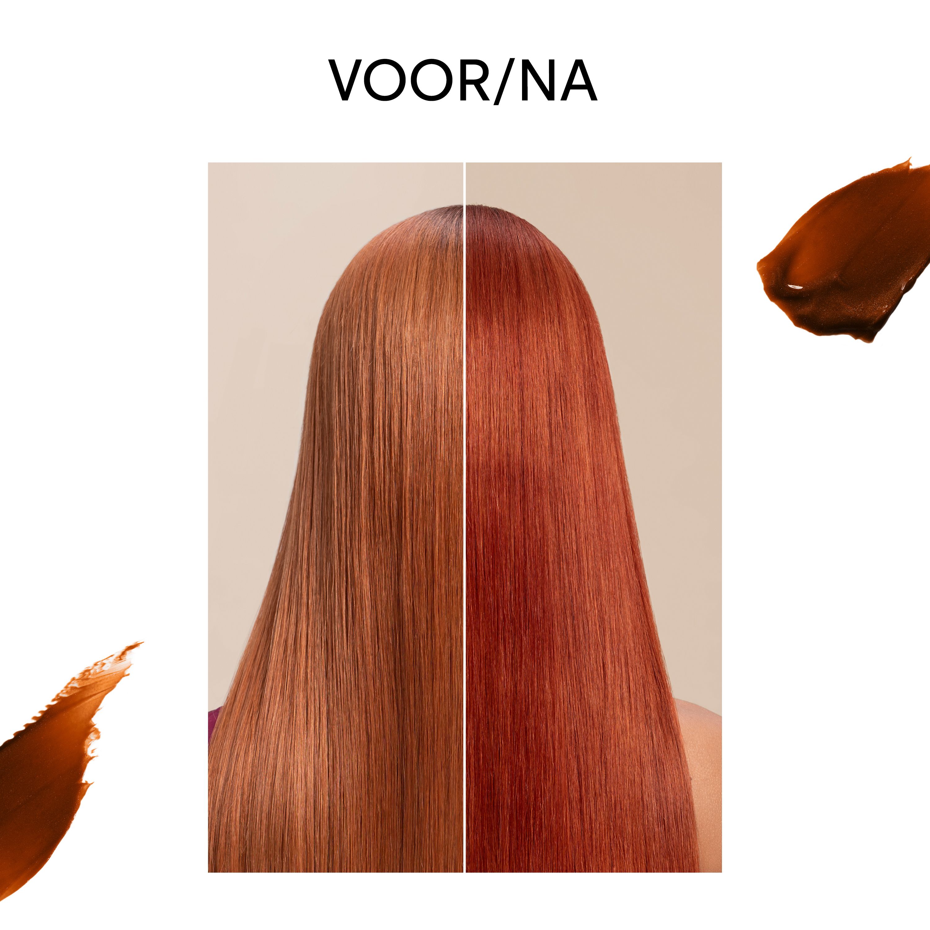 Vergelijking Voor/Na. Koperkleurig haar. Tint: Koper. Twee haarstrengen, één voor en één na de behandeling.