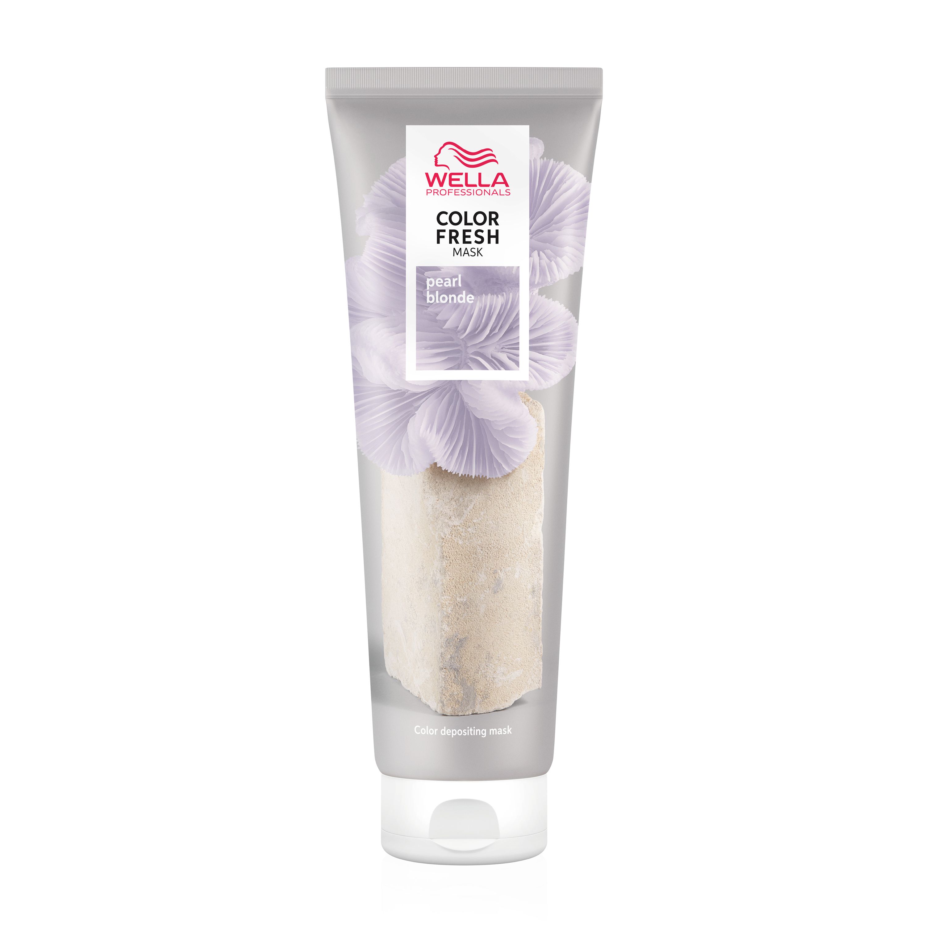 Tube Wella Professionals Color Fresh Mask Pearl Blonde. Vue de face avec nom du produit et motif floral.