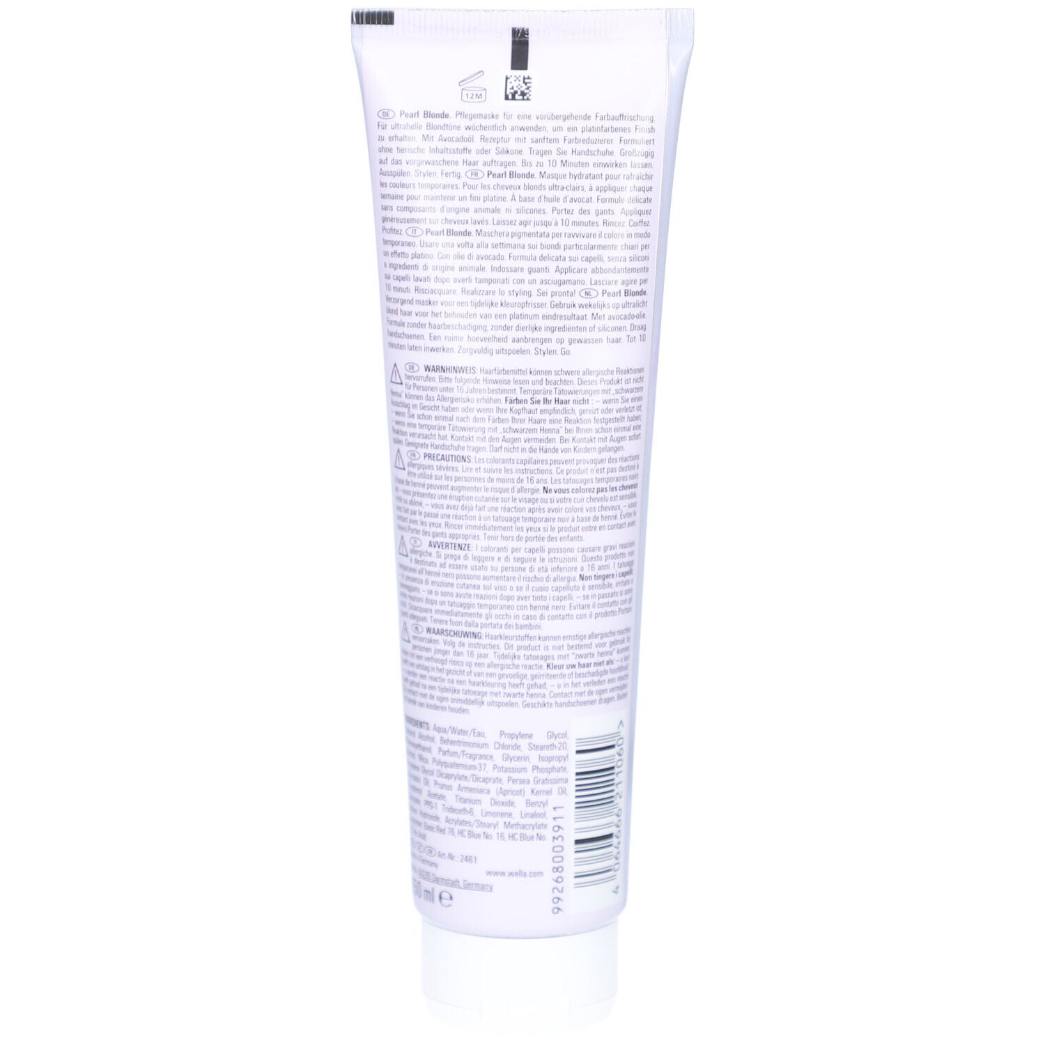 Dos du tube Wella Professionals Color Fresh Mask Pearl Blonde. Texte avec ingrédients et instructions.