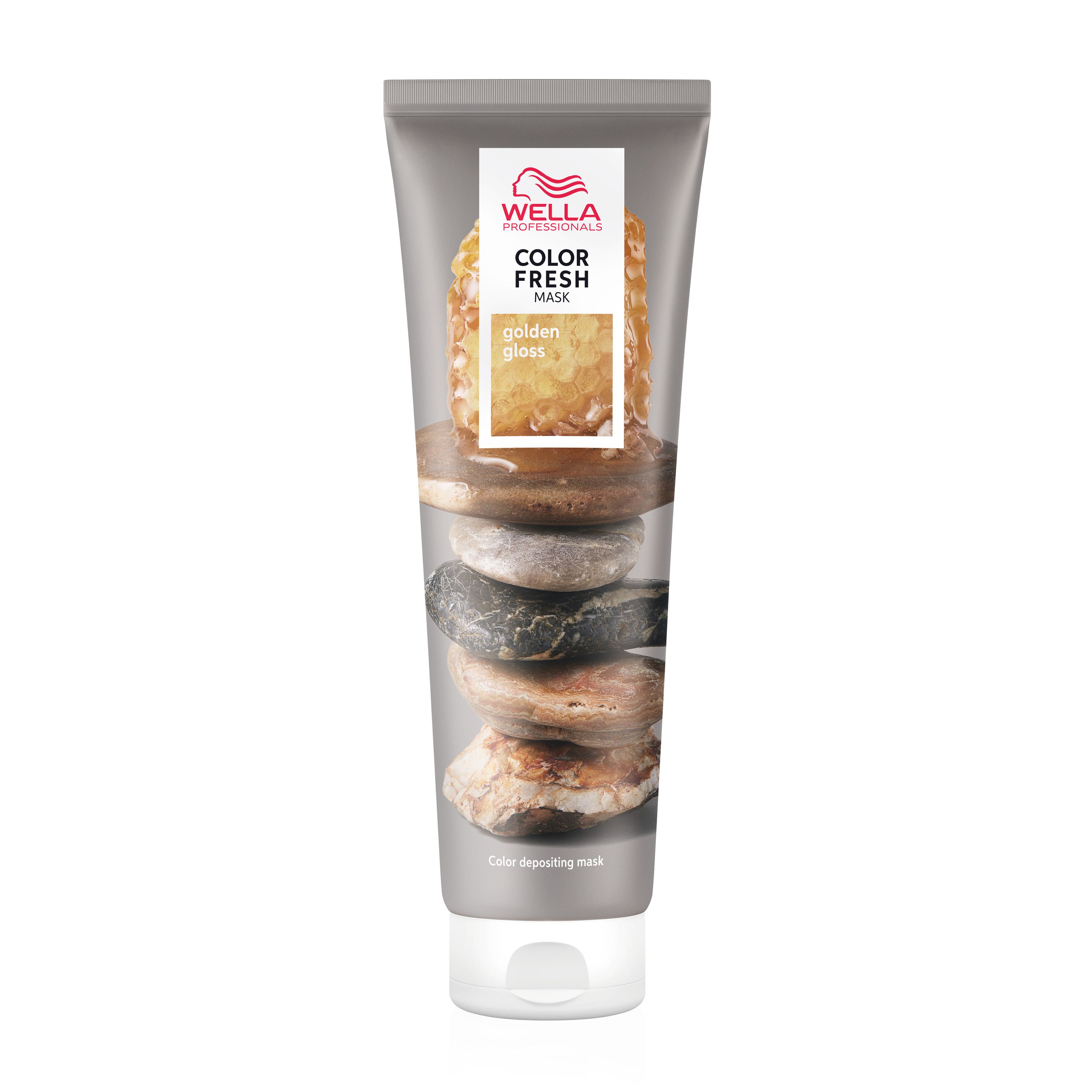 Masque couleur en tube. Inscription : Wella Professionals, Color Fresh Mask, golden gloss. Image de pierres.