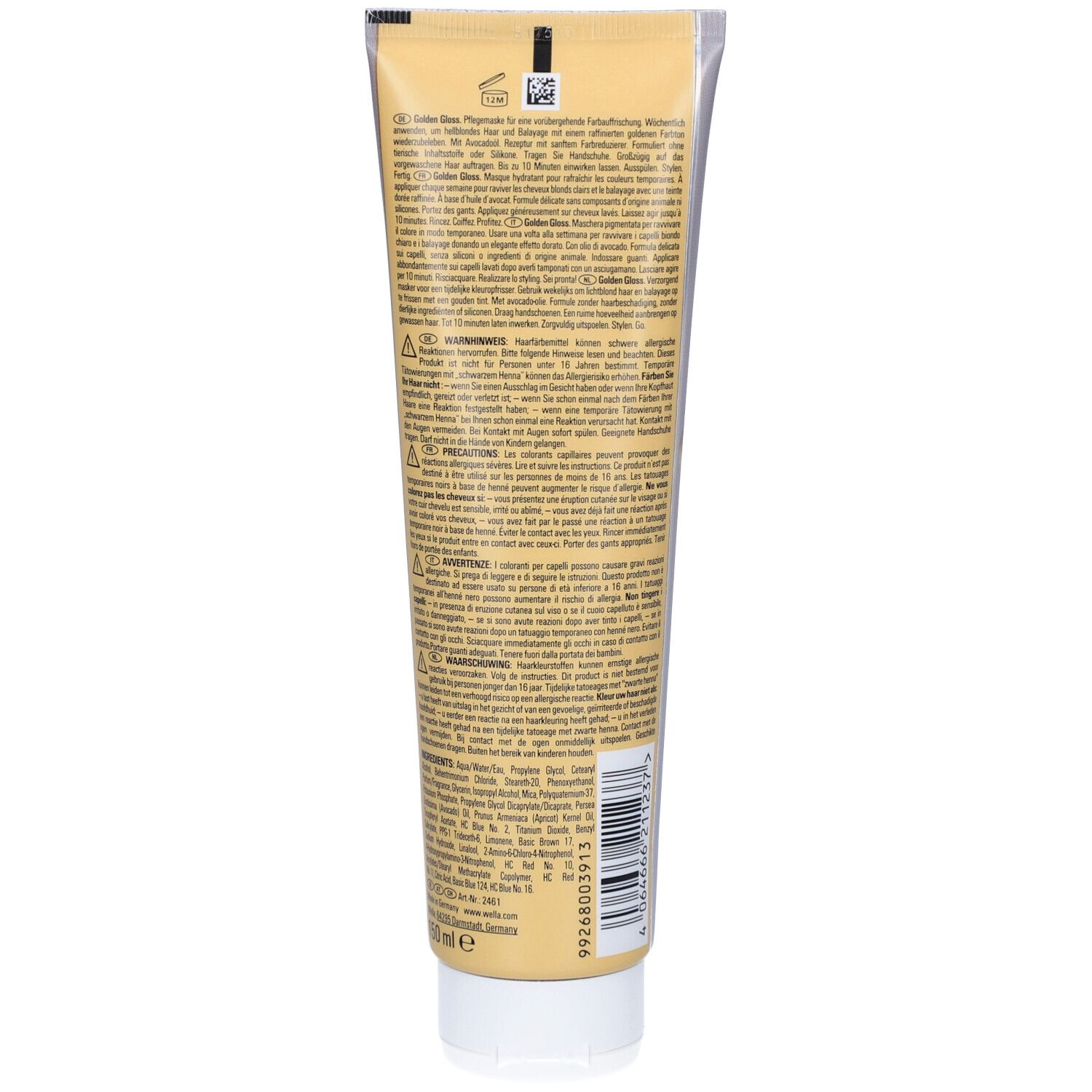 Dos du masque couleur. Texte multilingue. Code-barres et informations d'utilisation.