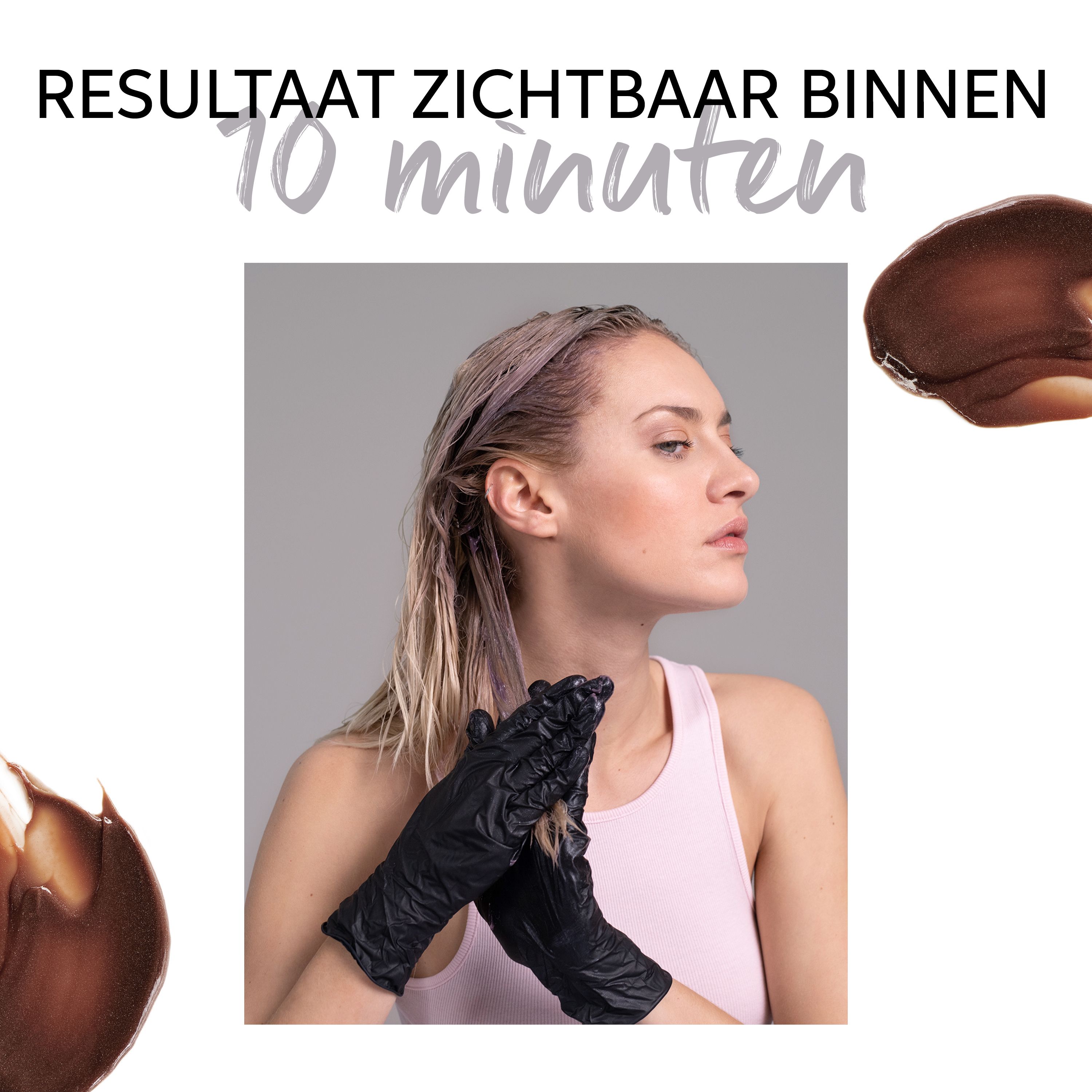 Resultaat zichtbaar binnen 10 minuten. Vrouw met handschoenen. Kleur aangebracht.