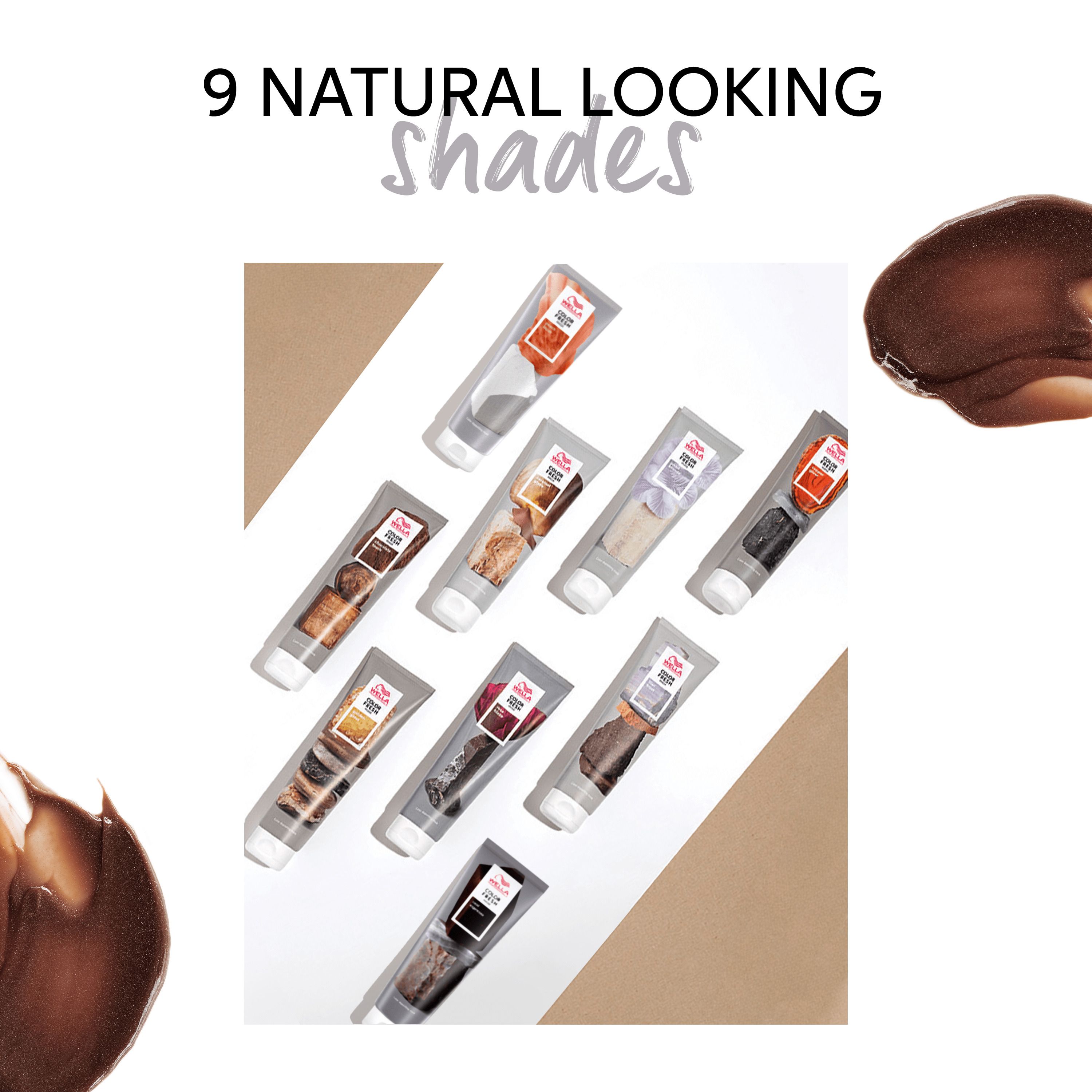 9 natuurlijk ogende tinten. Producttubes in verschillende kleuren. Kleurstalen ernaast.