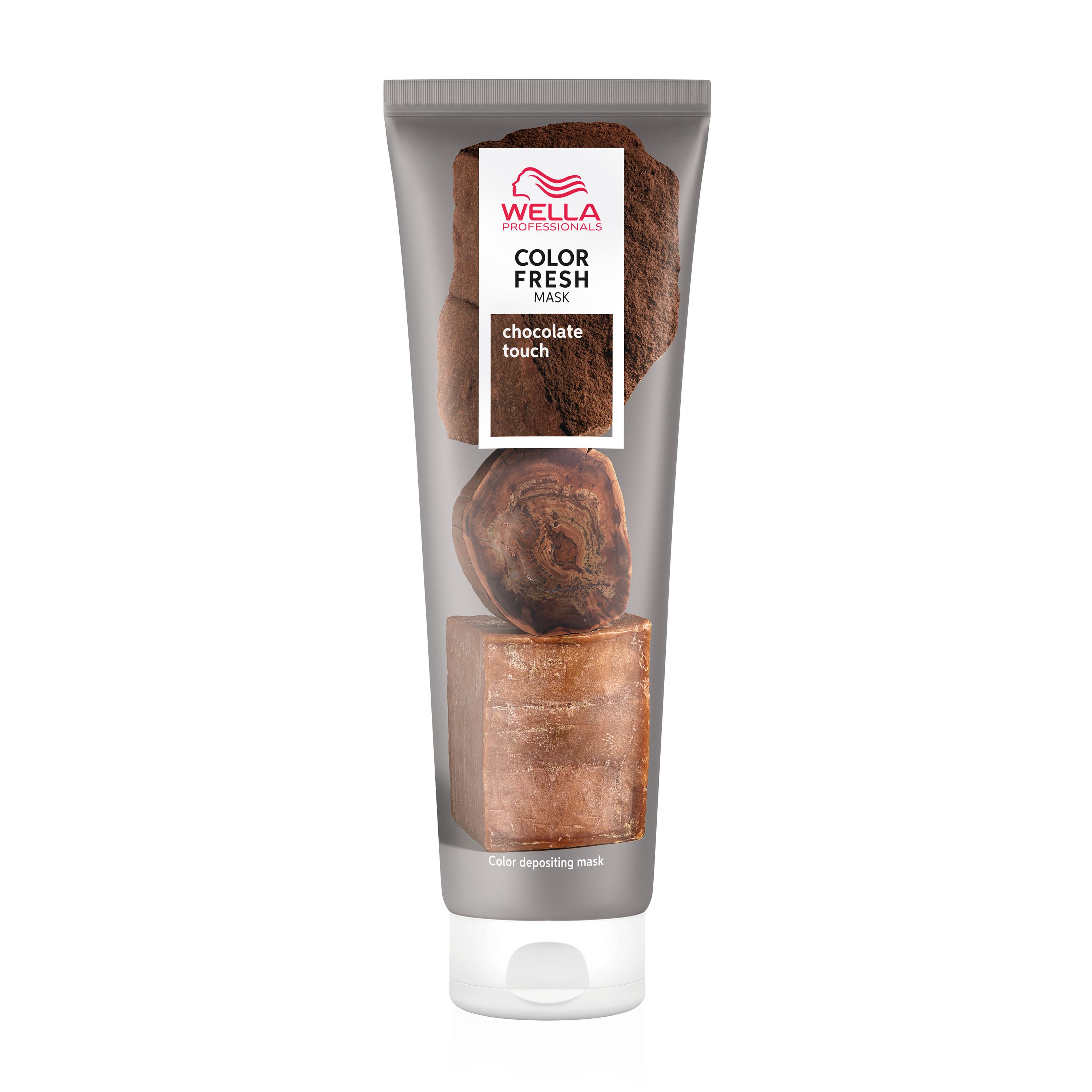 Tube de masque capillaire Wella Color Fresh Chocolate Touch. Vue de face avec logo, nom du produit et illustration de morceaux de chocolat.