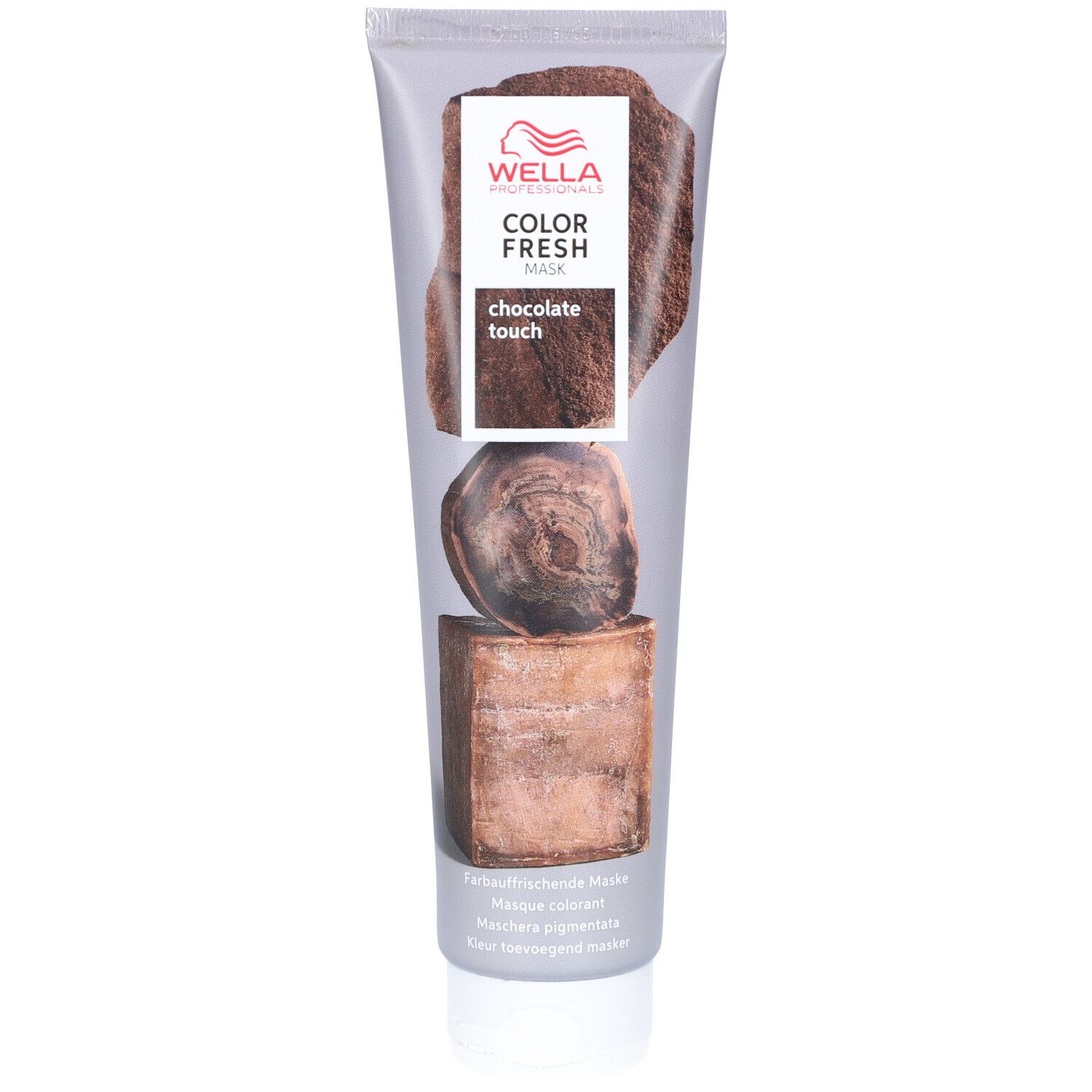 Tube de masque capillaire Wella Color Fresh Chocolate Touch. Face avant avec logo, nom du produit et illustration de morceaux de chocolat.