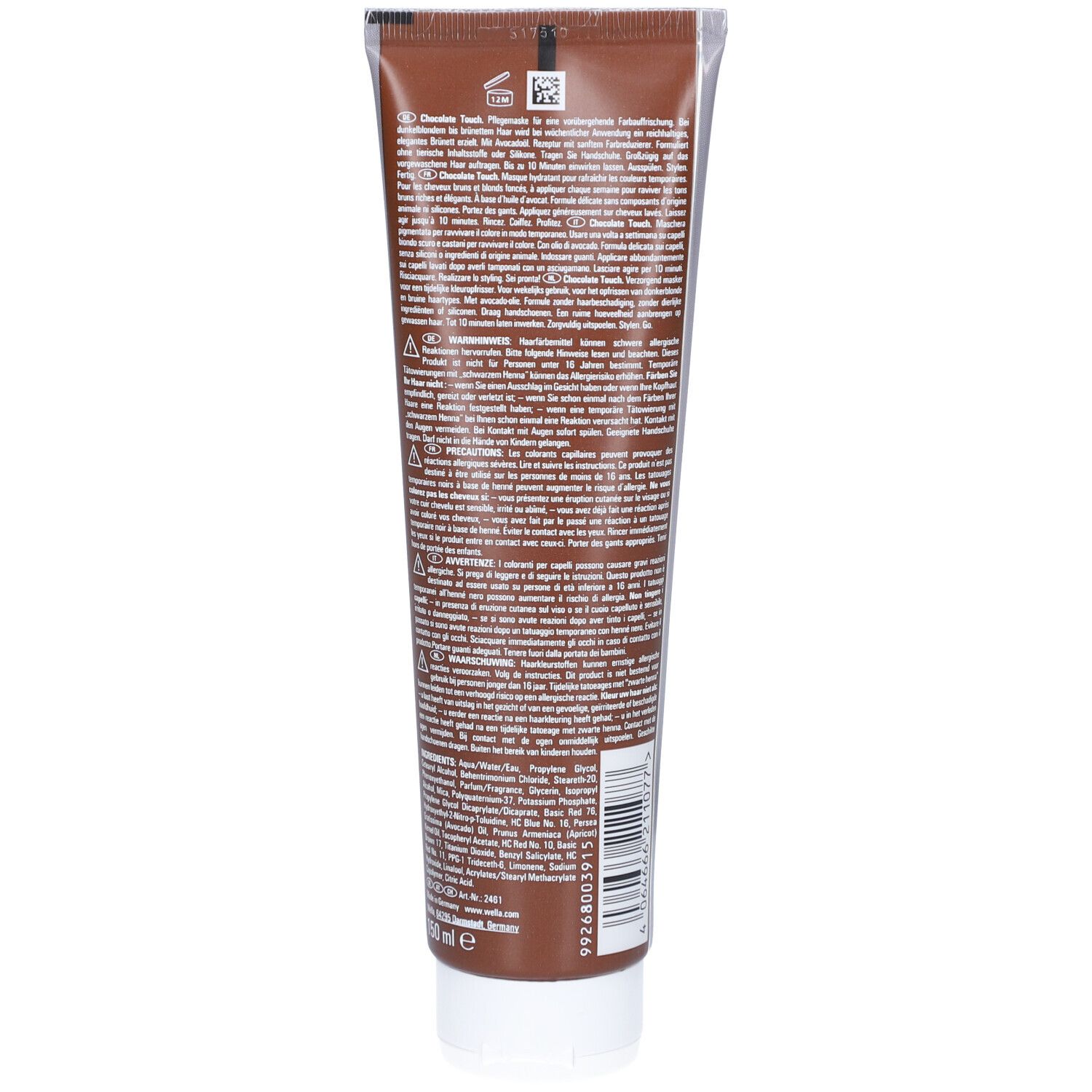 Dos du tube de masque capillaire Wella Color Fresh Chocolate Touch. Texte multilingue, code-barres et informations sur le produit.
