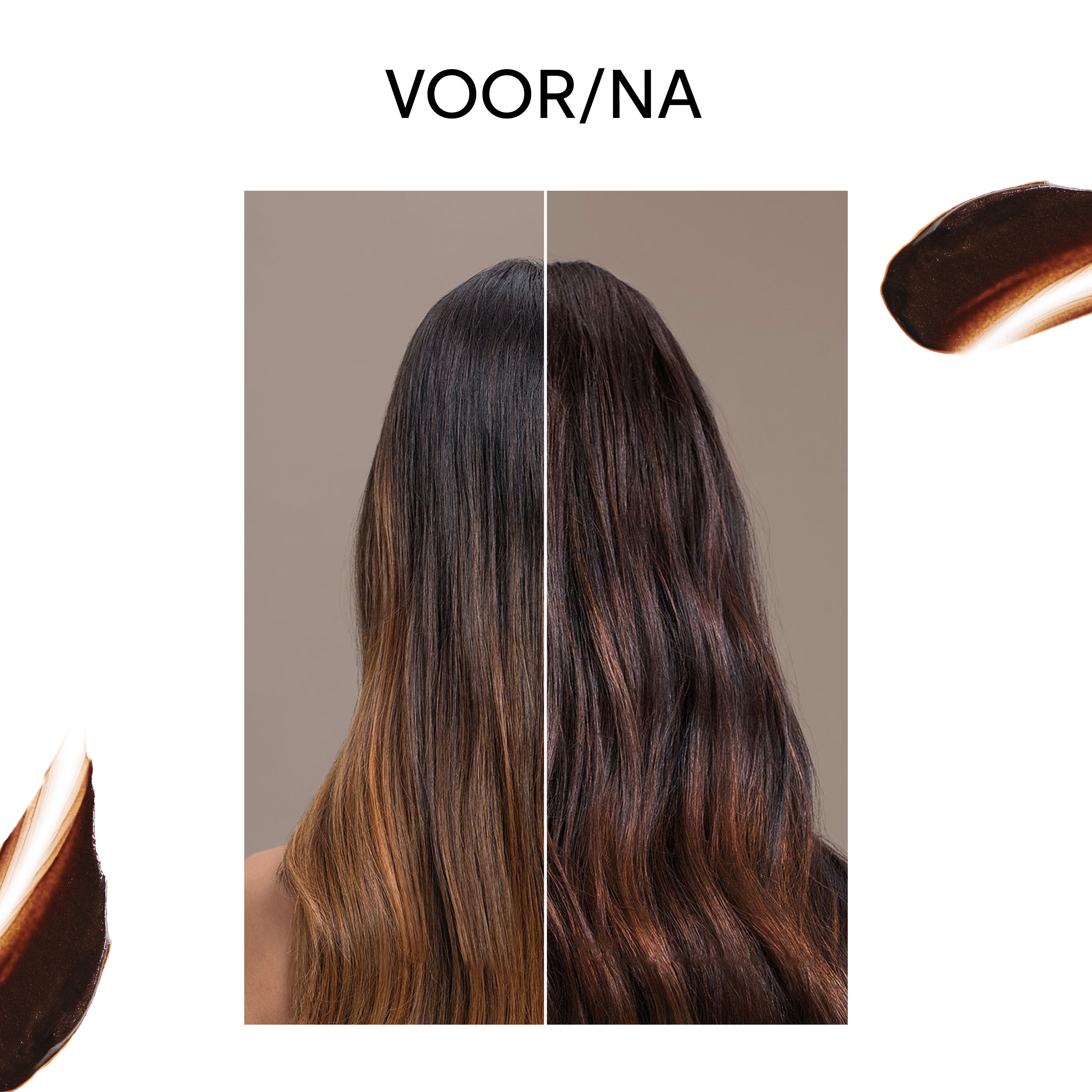 Vergelijkingsbeeld: haar voor en na gebruik van Wella Color Fresh Chocolate Touch. Kleurvergelijking en productmonsters.