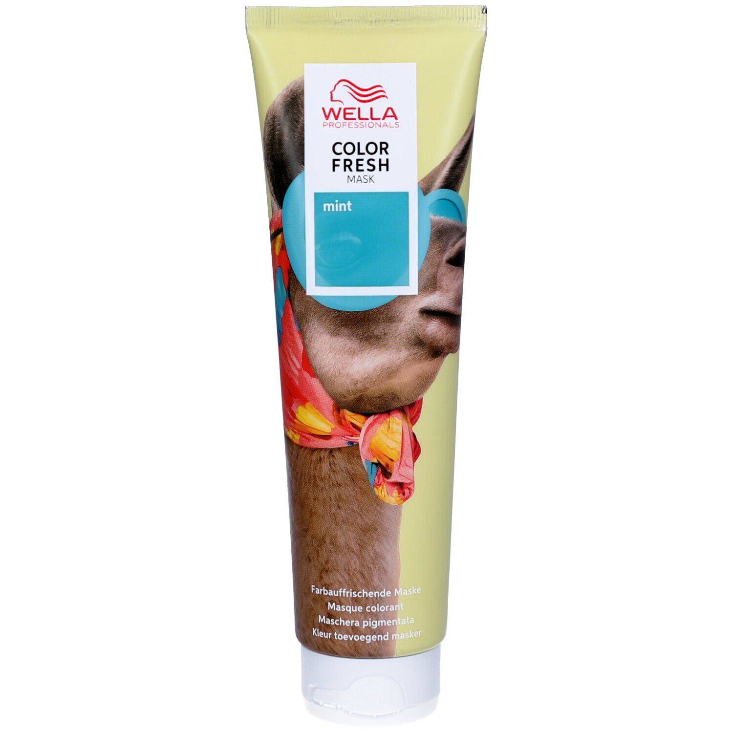 Wella Color Fresh Mask Mint Pastelgroene kleurende masker met lama-illustratie.