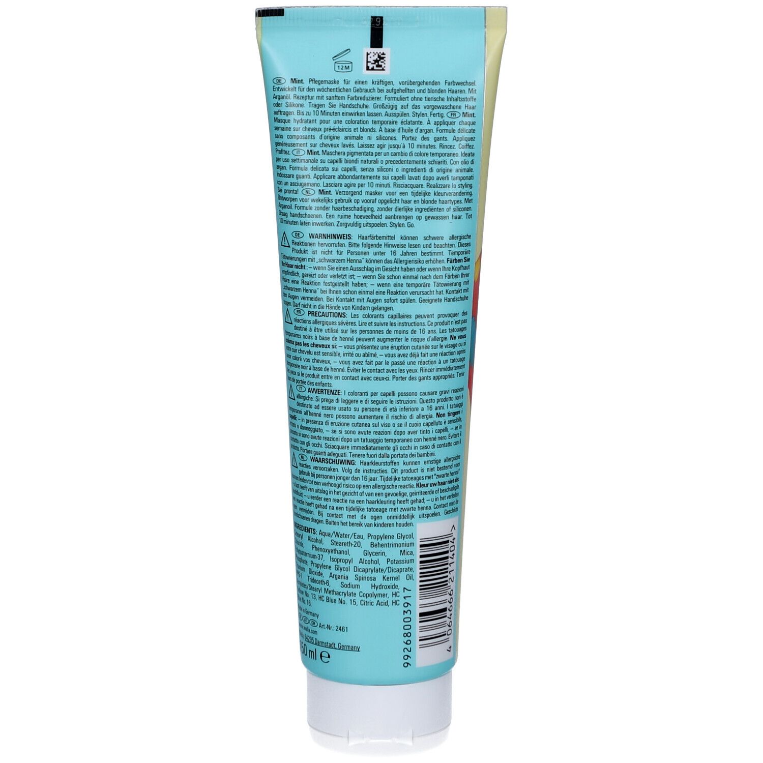 Achterkant Wella Color Fresh Mask Mint Kleurende masker met instructies en ingrediënten.