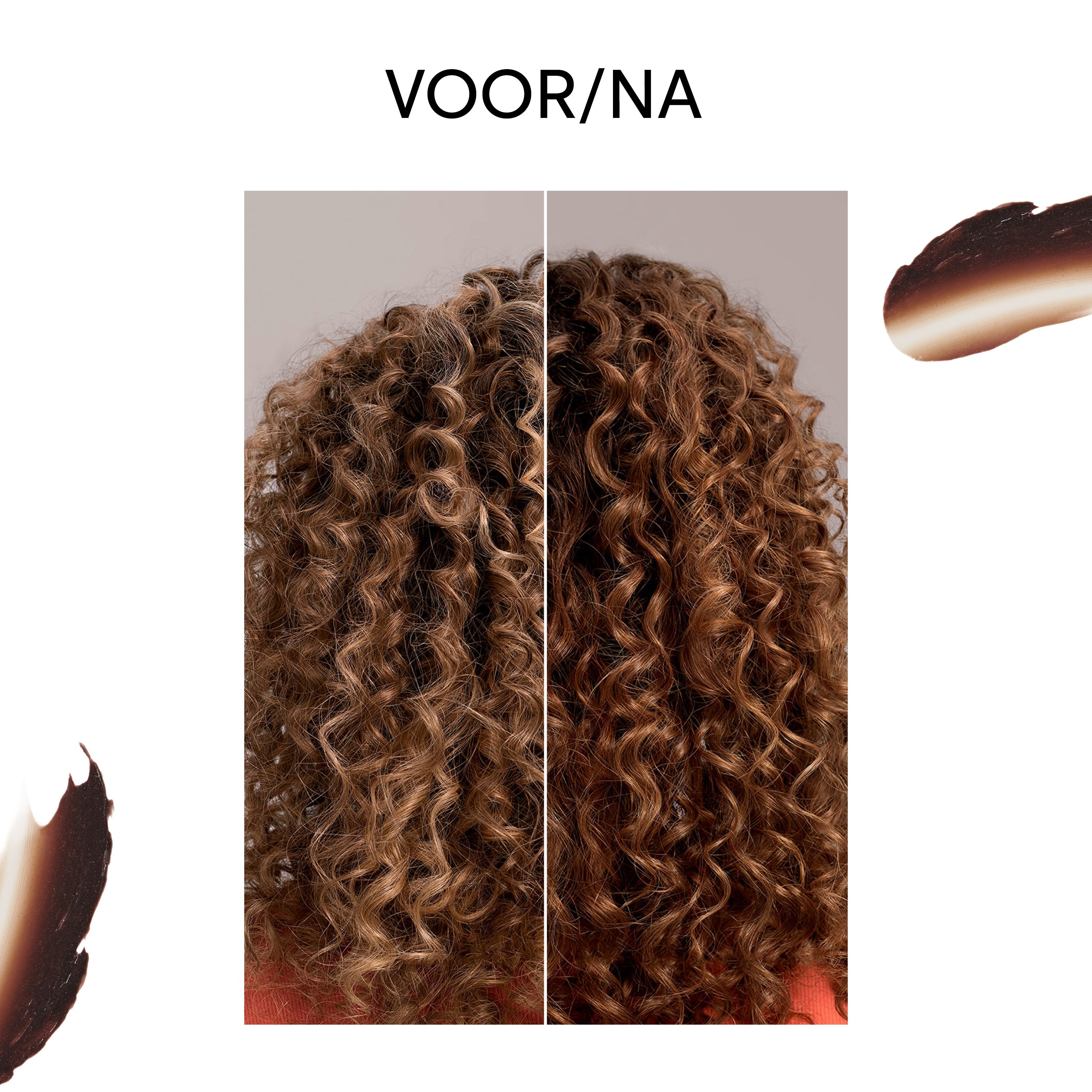Haarvergelijking voor/na. Twee krullende hoofden, donkerder links, opgelicht rechts. Kleurverloop ernaast.
