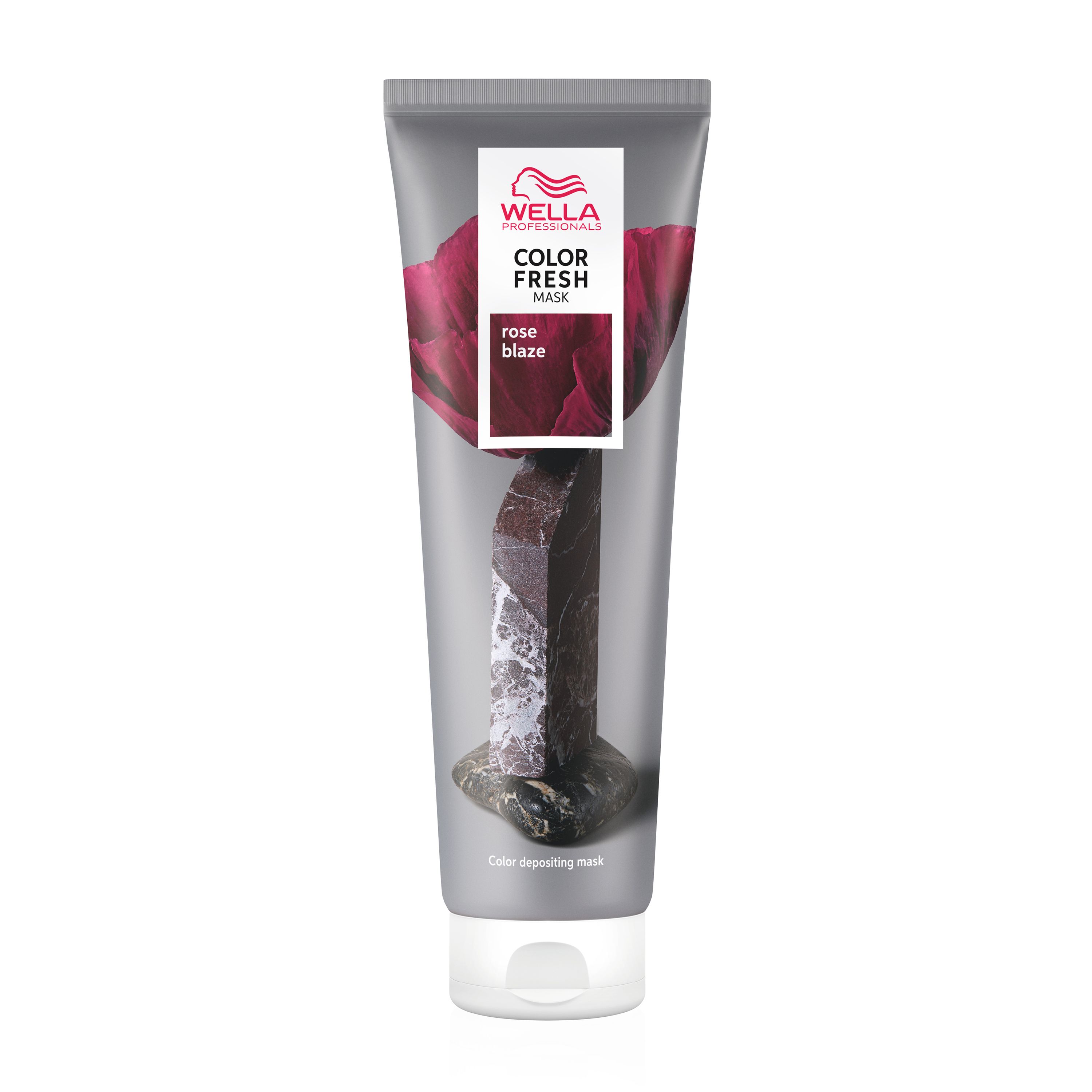 Tube grise avec logo Wella et nom du produit. Masque Rose Blaze avec image d'une rose et d'une pierre. Sous-titre : Masque rehaussant la couleur.