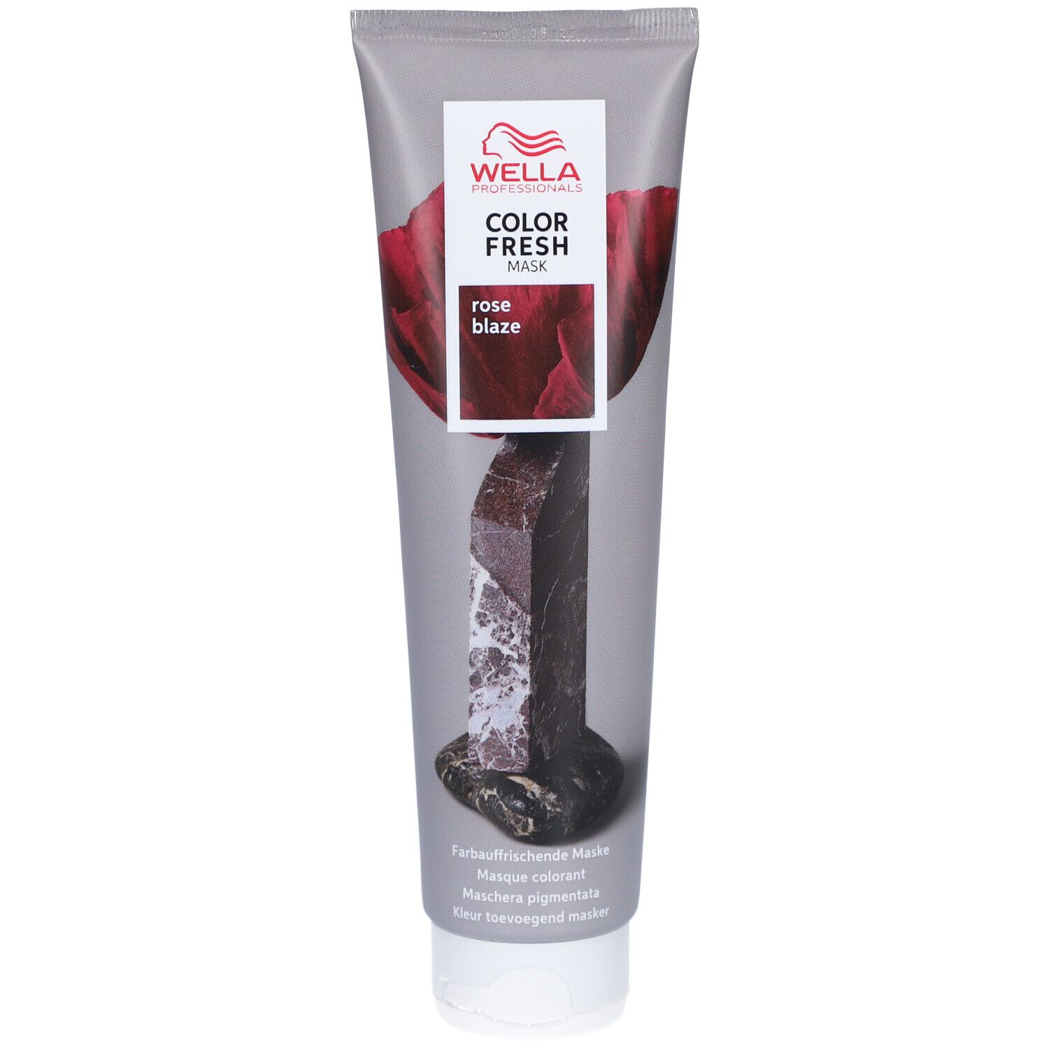 Tube grise avec logo Wella et nom du produit. Masque Rose Blaze avec image d'une rose et d'une pierre. Sous-titre : Masque rehaussant la couleur.